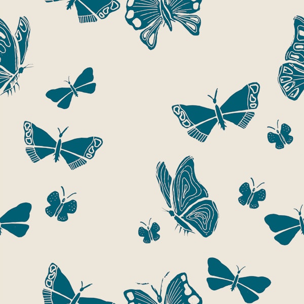 Teal Butterflies Scatter on Off White