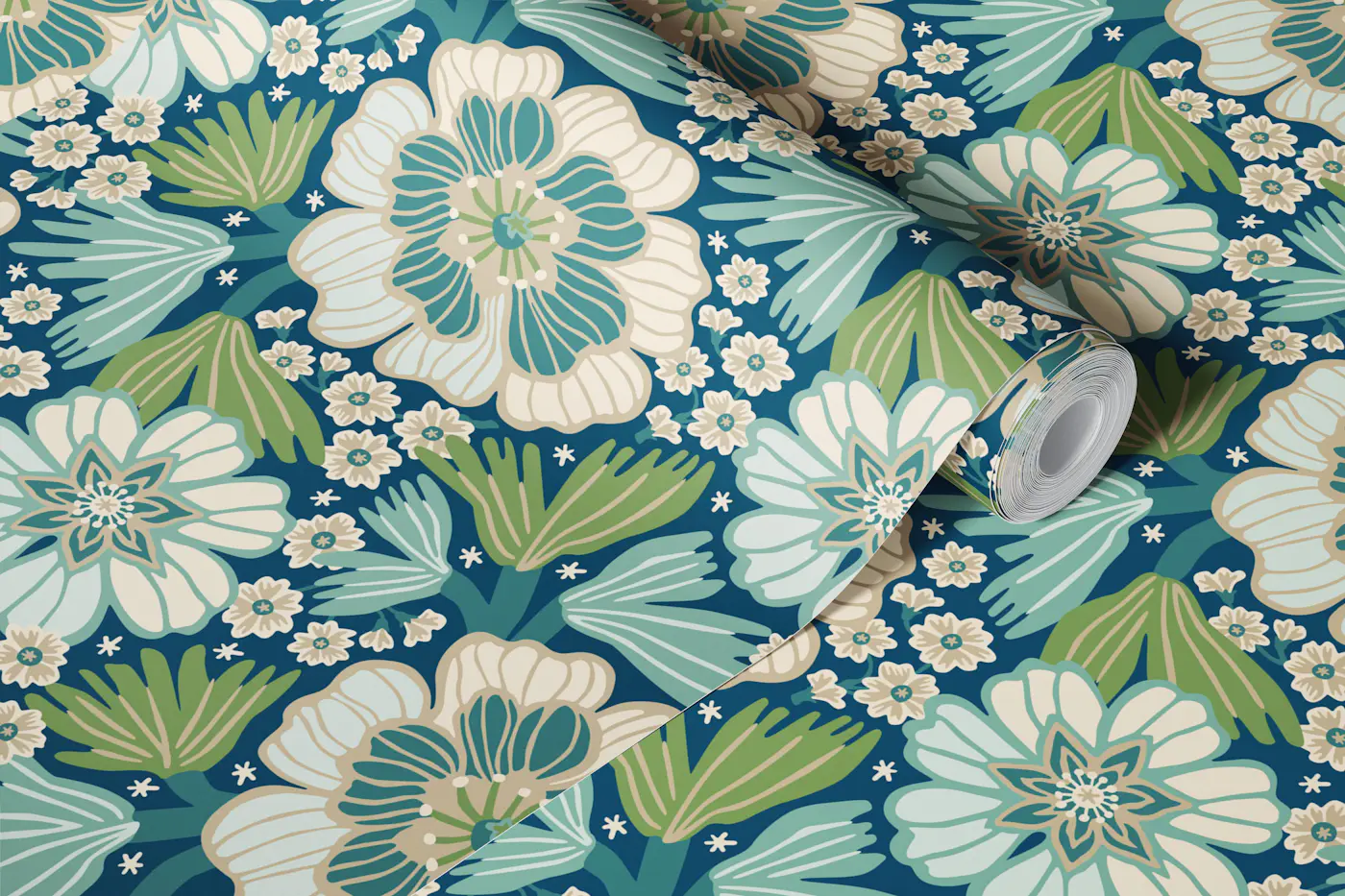 Flower power in teal green beige wallpaper roll