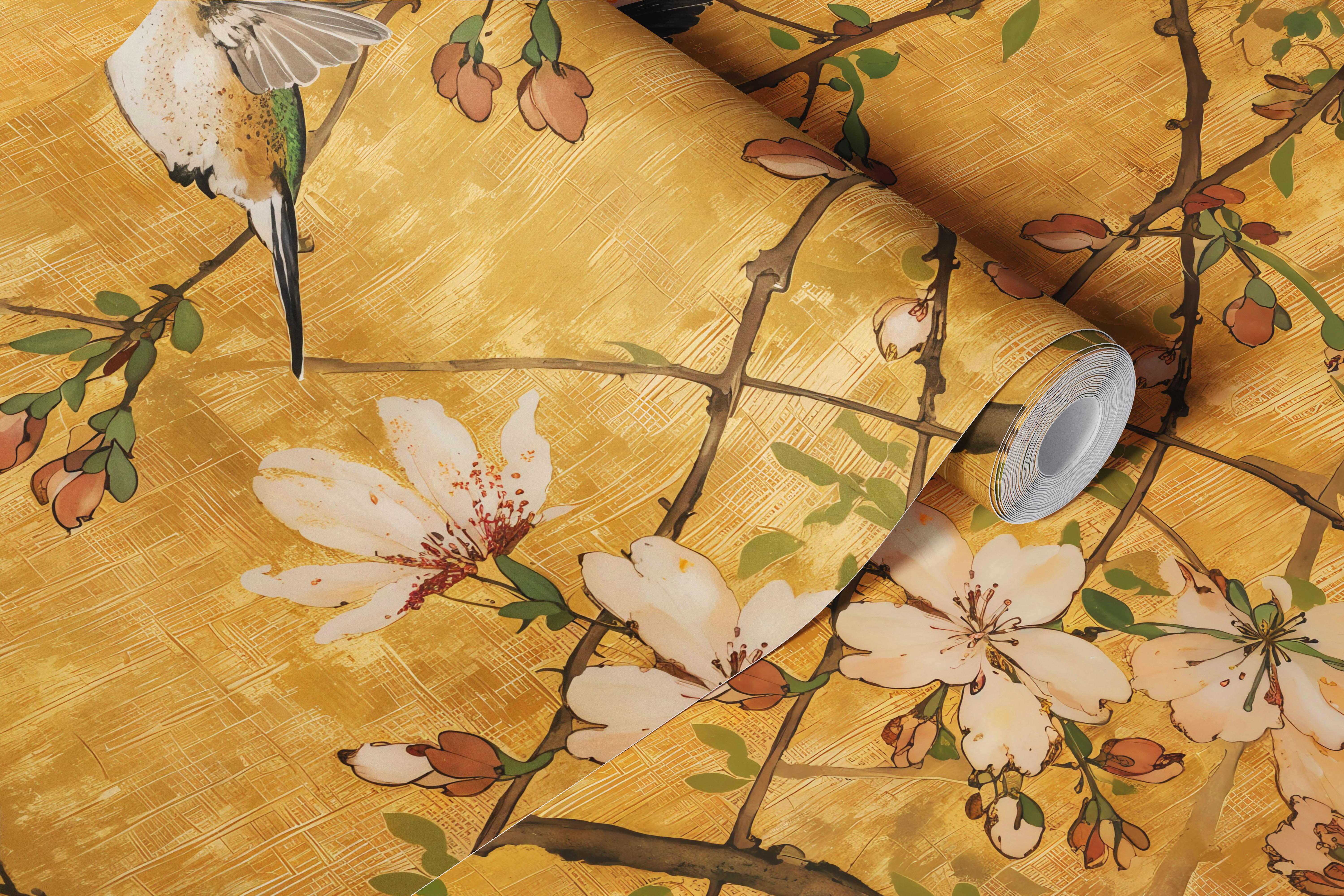 Behang met kolibries en kersenbloesem in een kamer