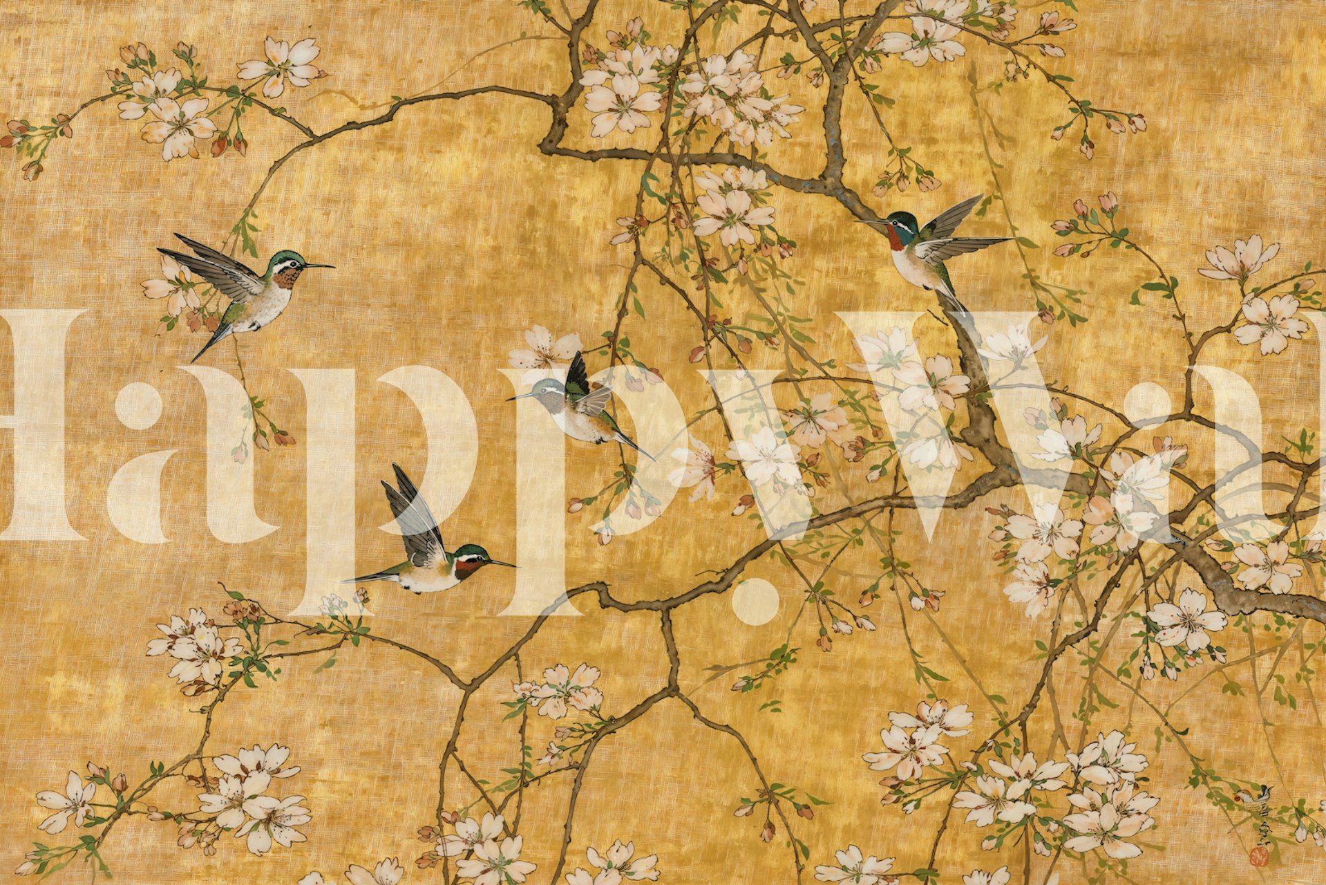 Hummingbirds and cherry blossoms wallpaper in a room