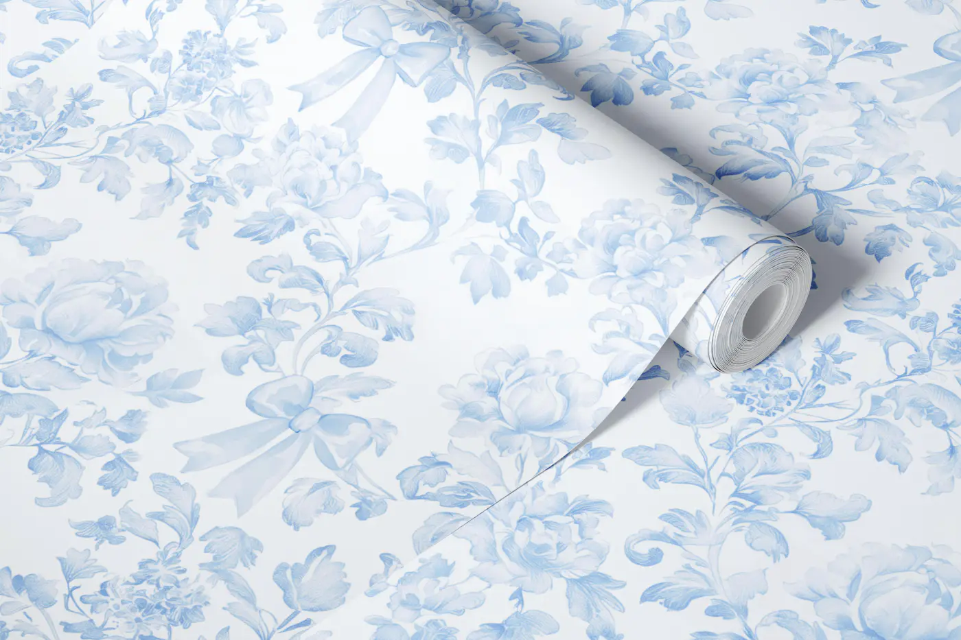 Blue Rococo Rose Toile with Bows wallpaper roll