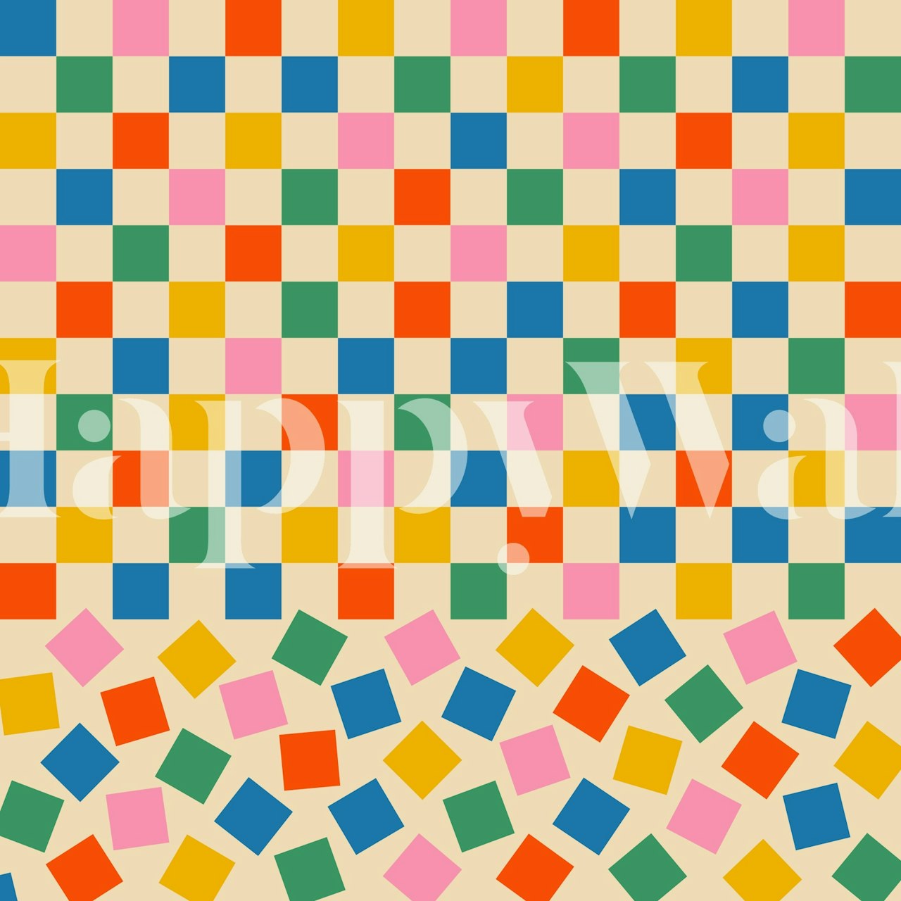 Colorful geometric checkered wallpaper in a room