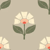 Neutral block print textured floral on beige wallpaper
