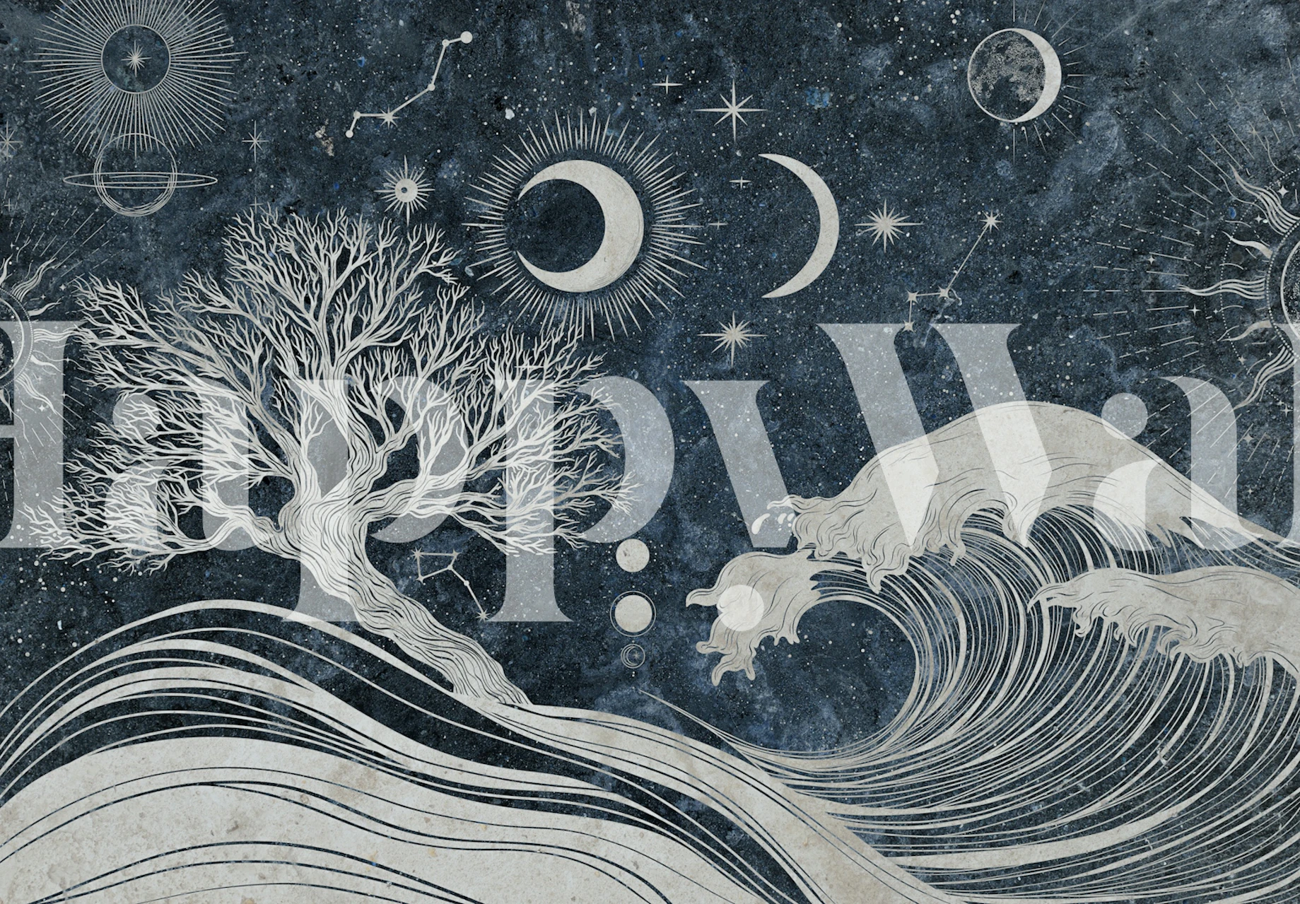 Astrological night landscape wallpaper in a room