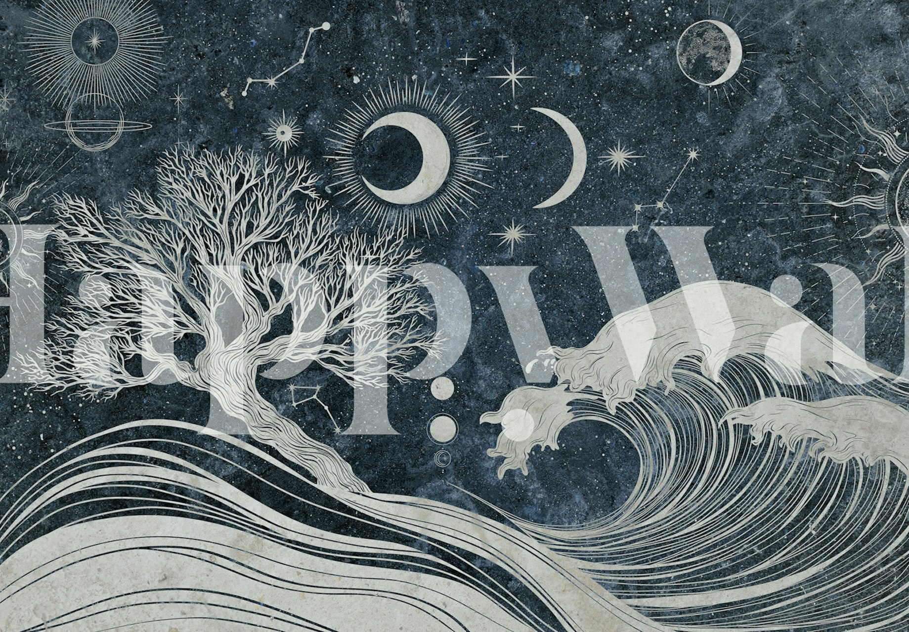 Astrological night landscape wallpaper in a room