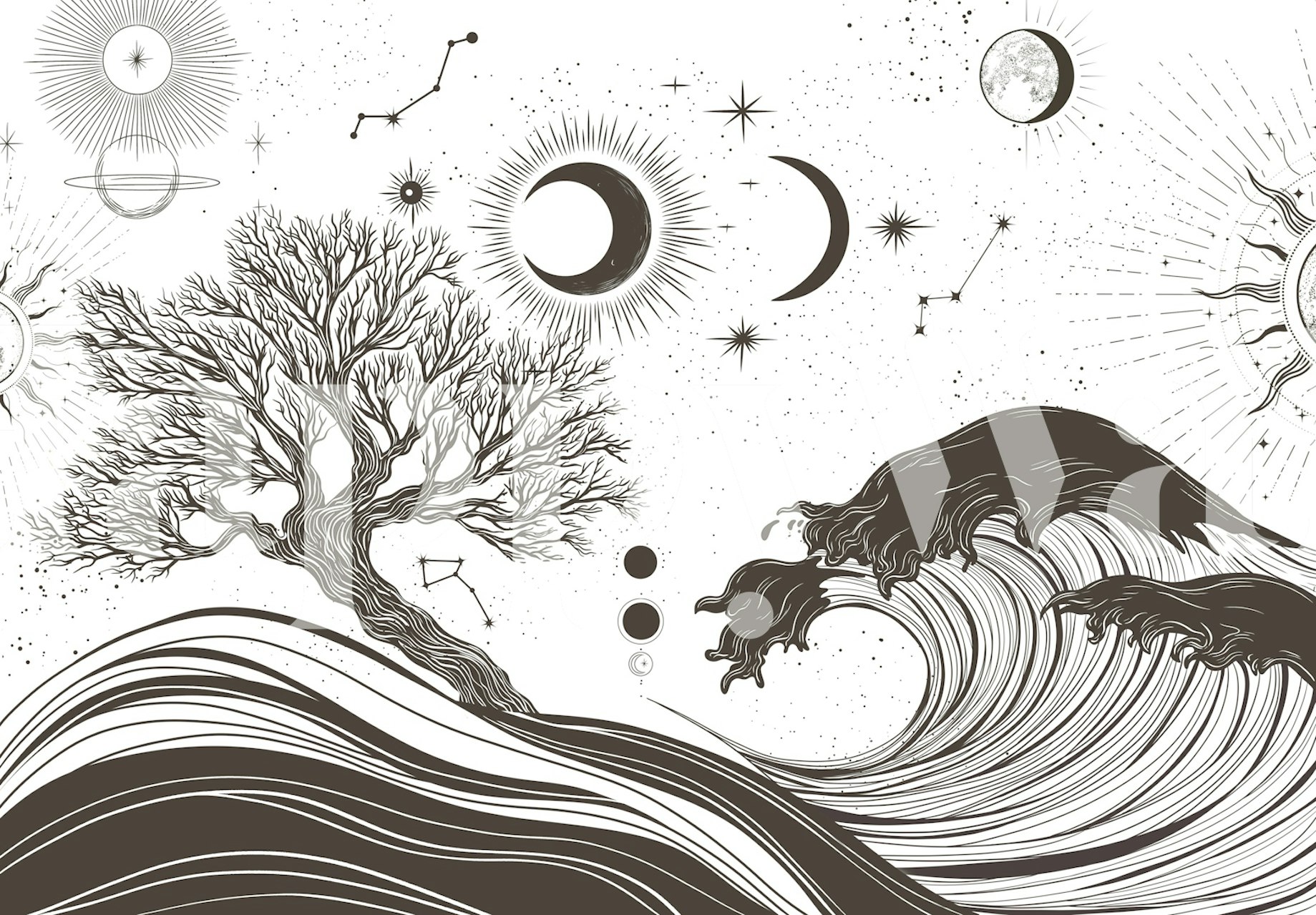 Celestial Tree and Ocean behang in een kamer