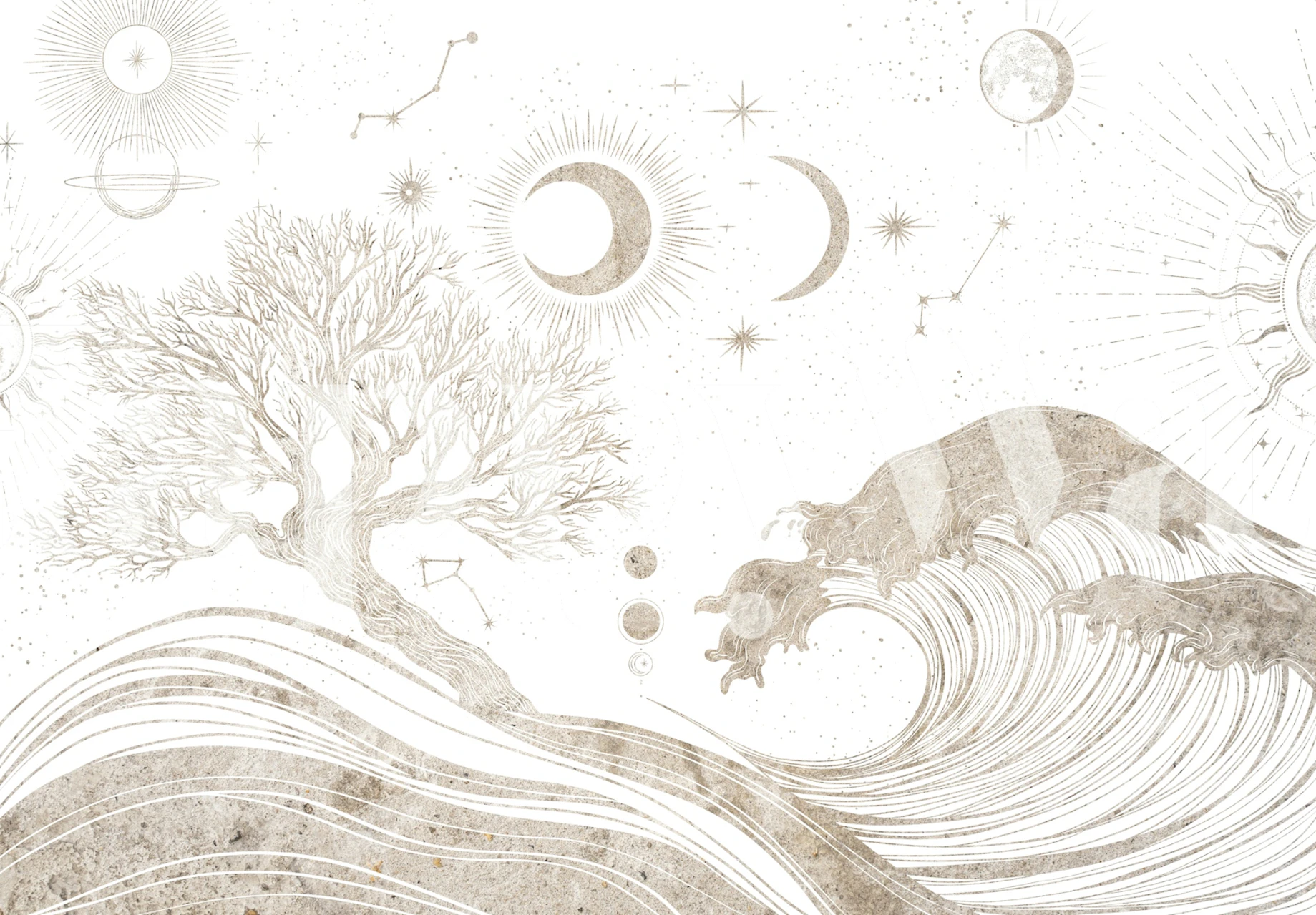 Celestial landscape wallpaper with tree and ocean