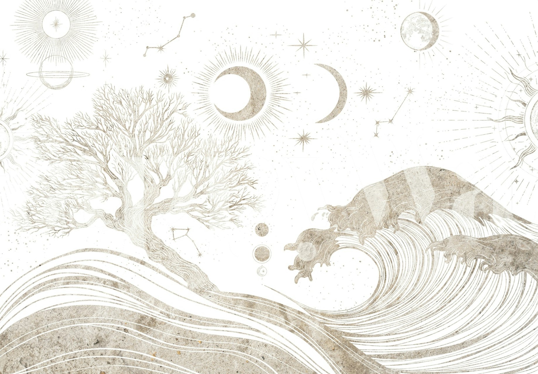 Celestial landscape wallpaper with tree and ocean