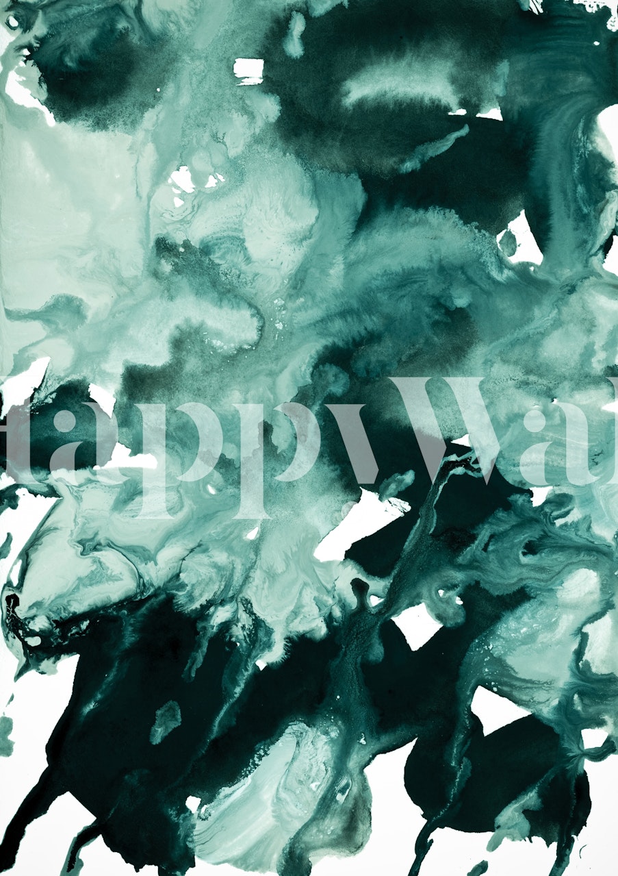 Abstract inkblot marble green wall mural with swirling jade and emerald patterns