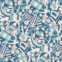 Flower power dance - blue pink beige wallpaper
