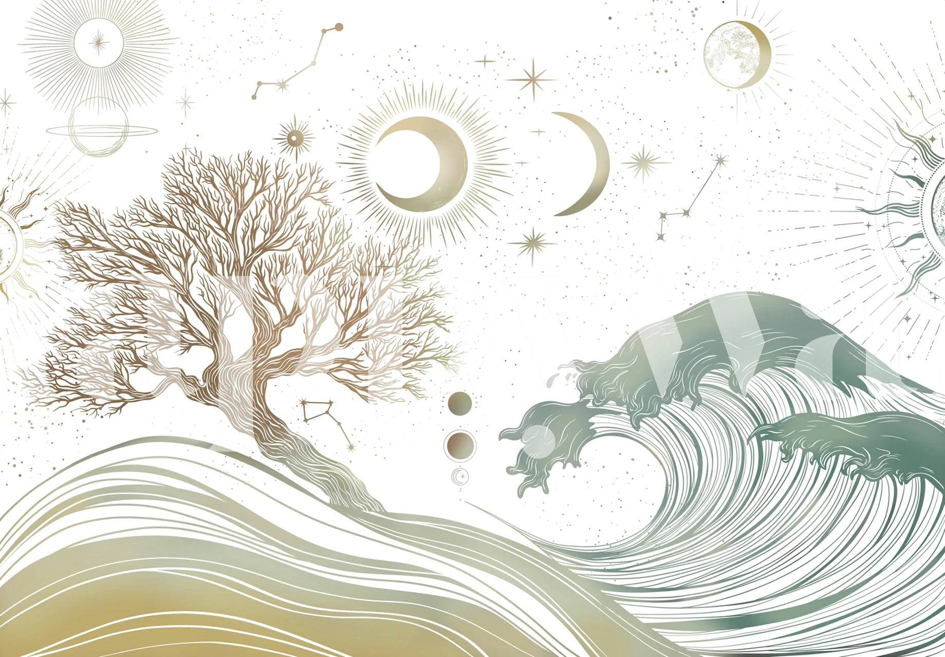 Celestial Wave and Tree wallpaper in a room