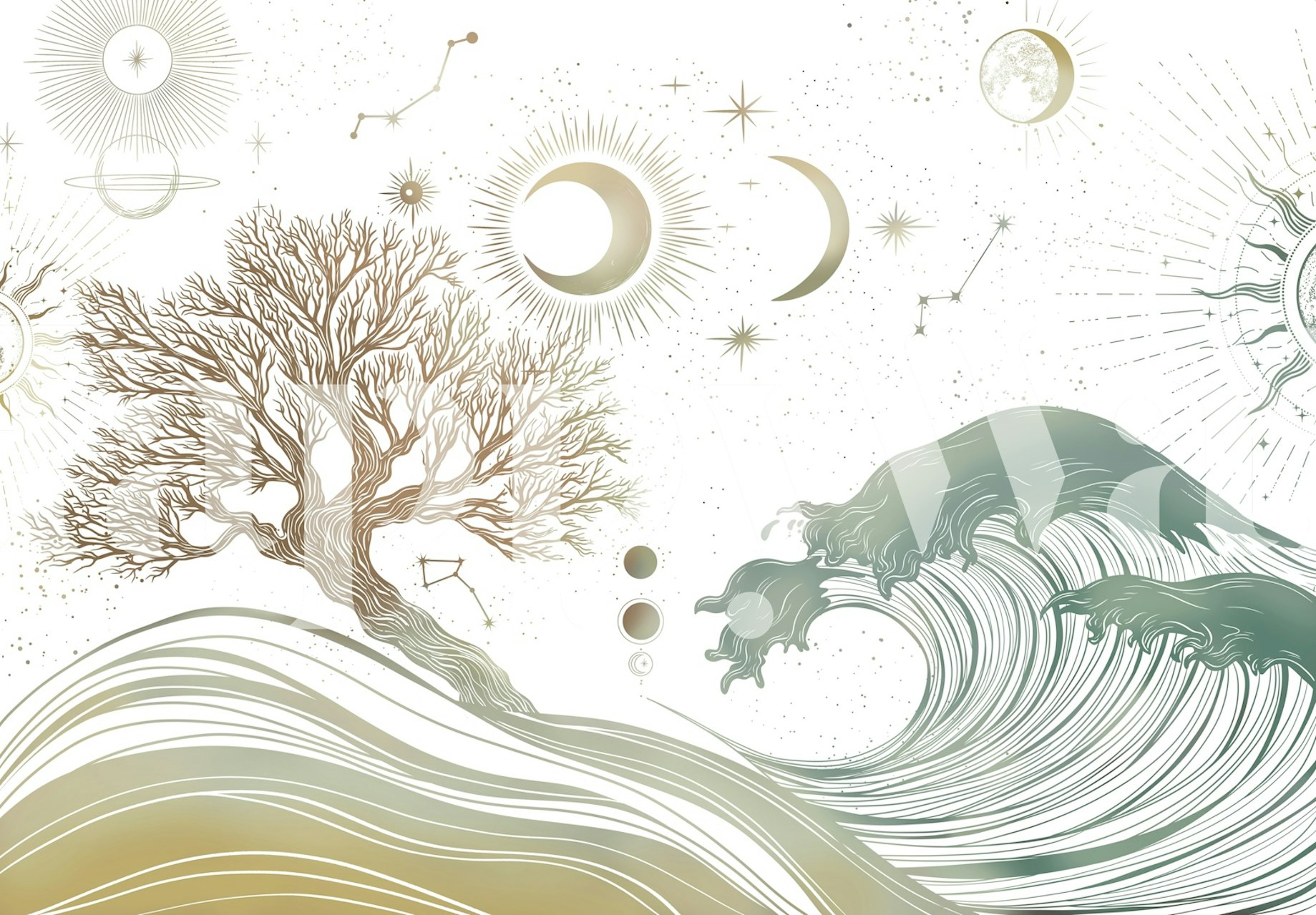 Celestial Wave and Tree wallpaper in a room