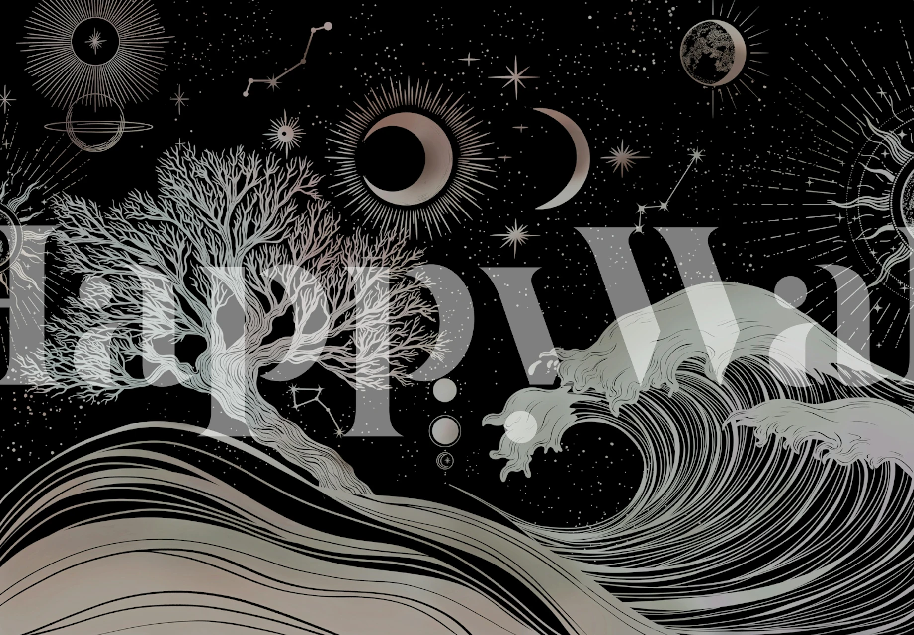 Boho Celestial Ocean Night tapet i et rum