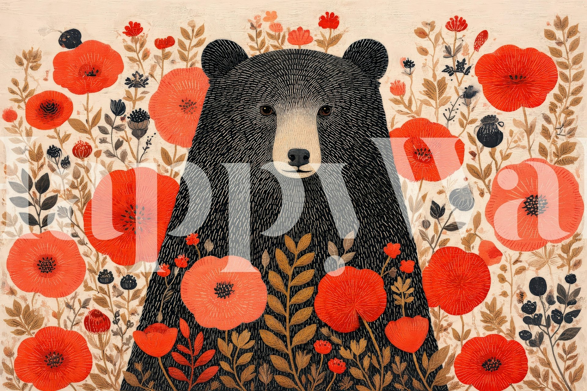 Woodland Bear in Bloom behang in een kamer