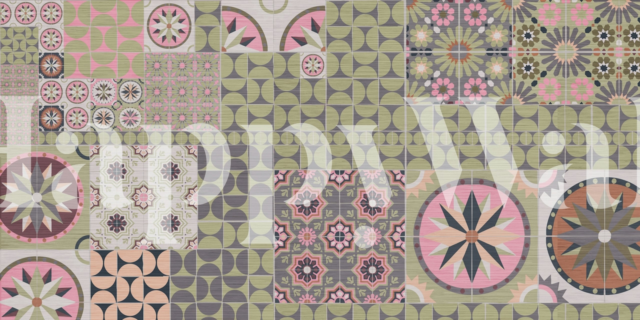 Cement Tiles in Green wallpaper in a room