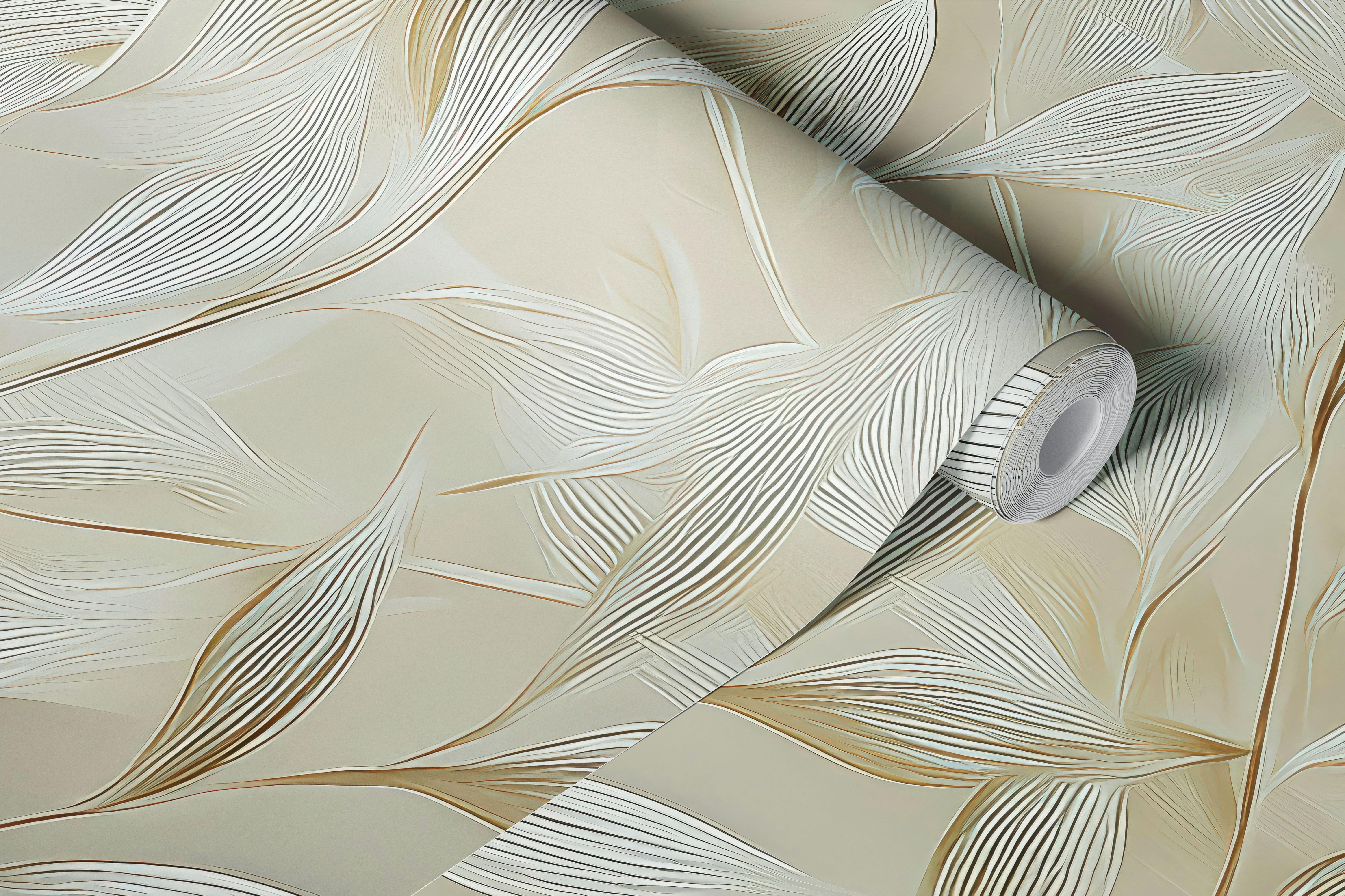 Golden white leaf wallpaper in a neutral room (5/10)