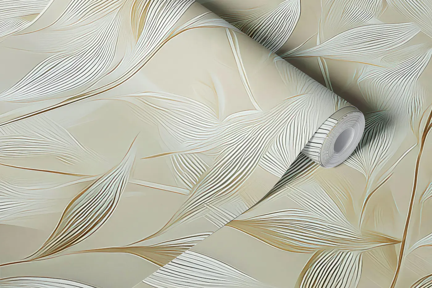 Golden White Leaf Elegance wallpaper roll