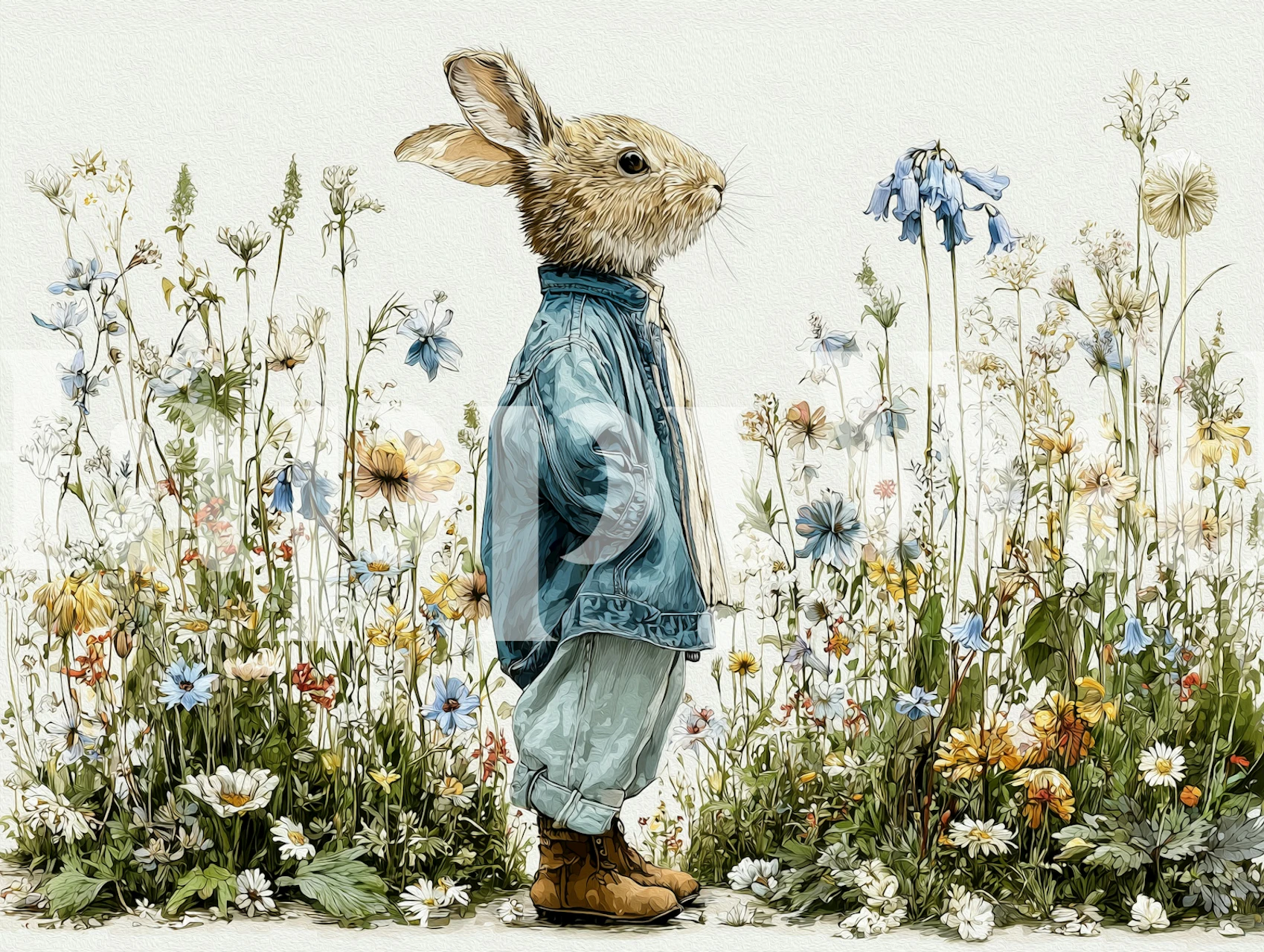 Cute bunny in wildflower meadow wallpaper