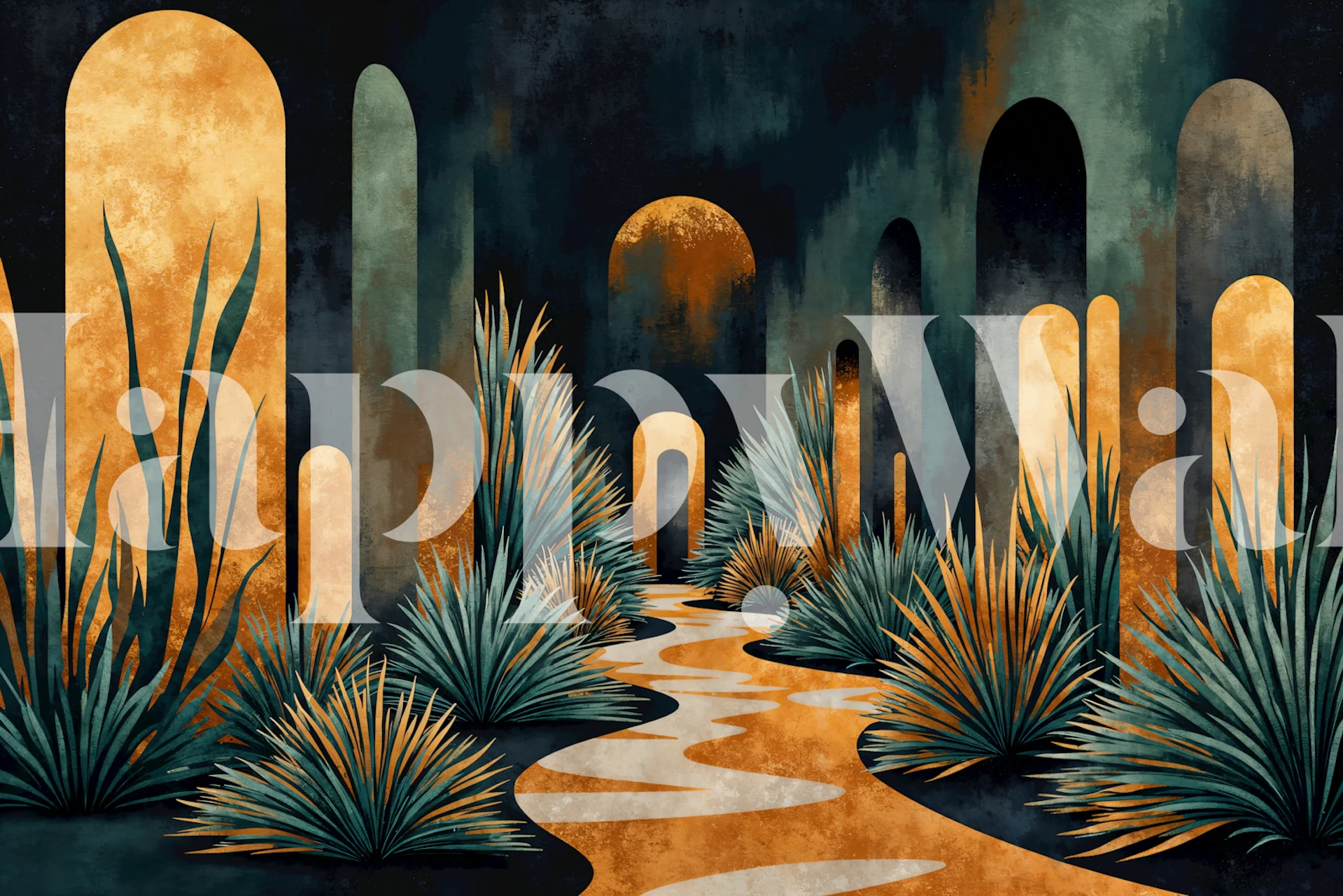 Tapeta Moody Teal Desert Oasis w pokoju