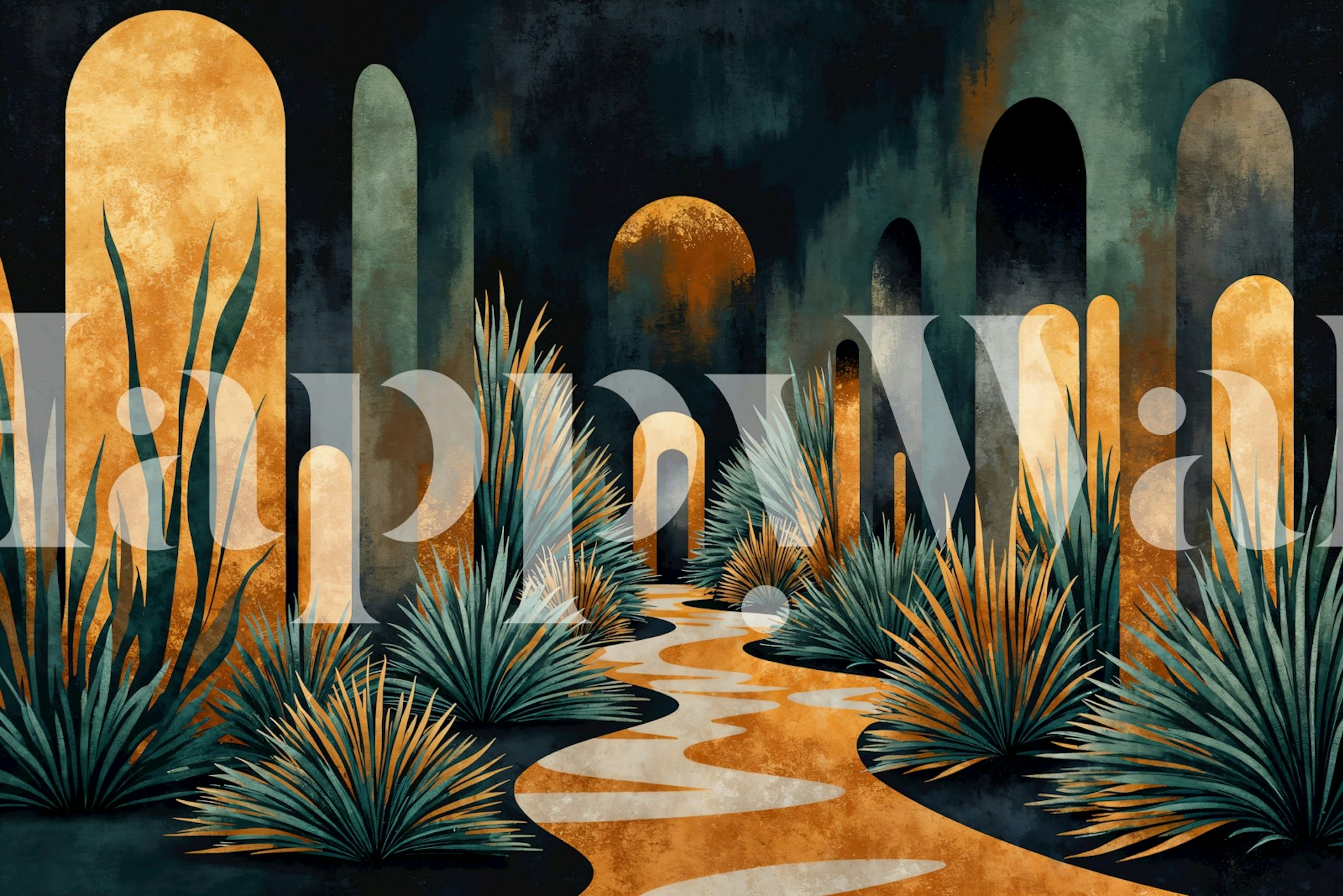 Moody Teal Desert Oasis wallpaper in a room