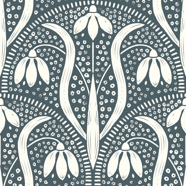 art nouveau snowdrops pattern dark blue grey