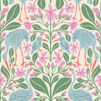Blue Cranes with Green and Pink Botanicals tapet