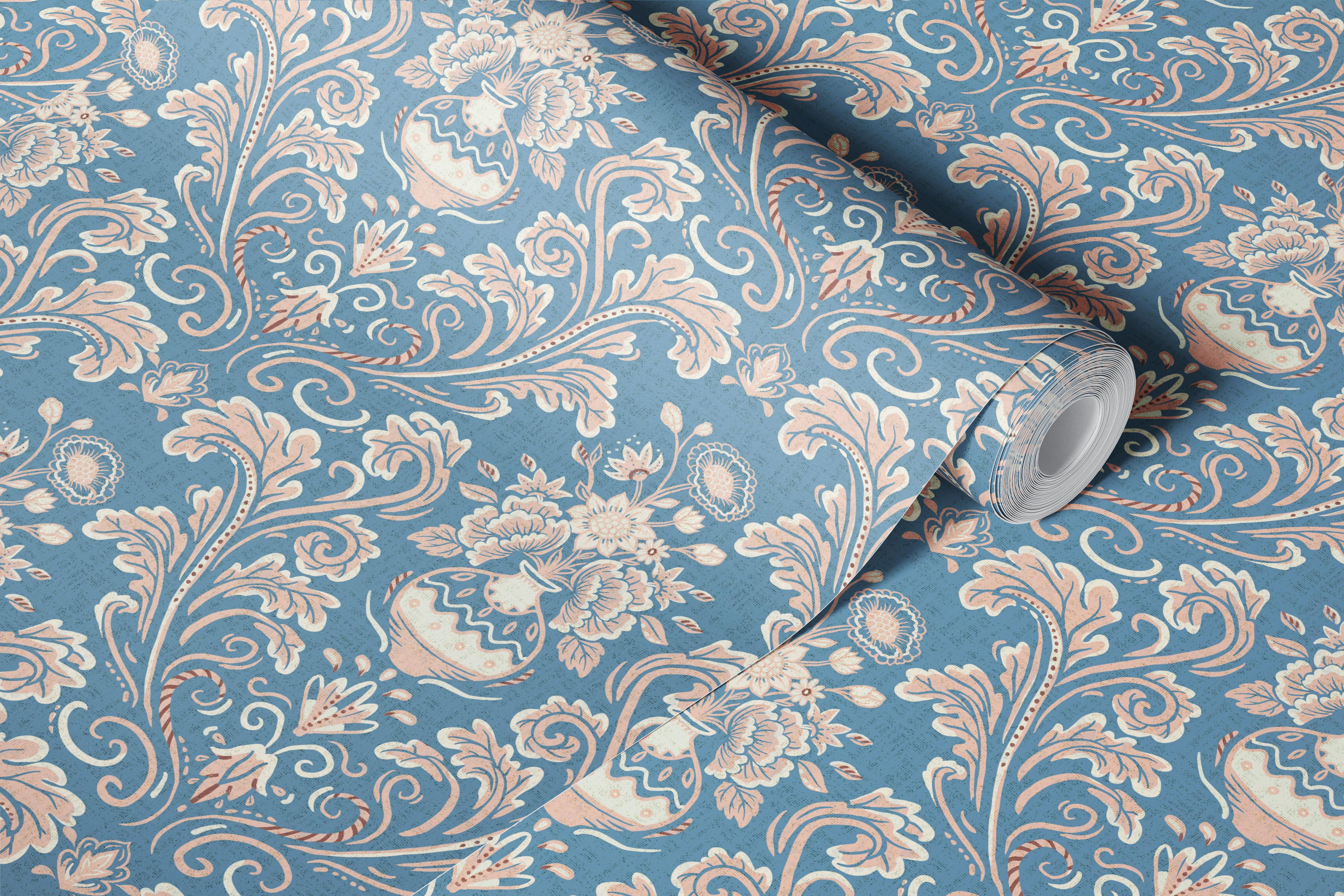 Dusty blue floral damask wallpaper in a room