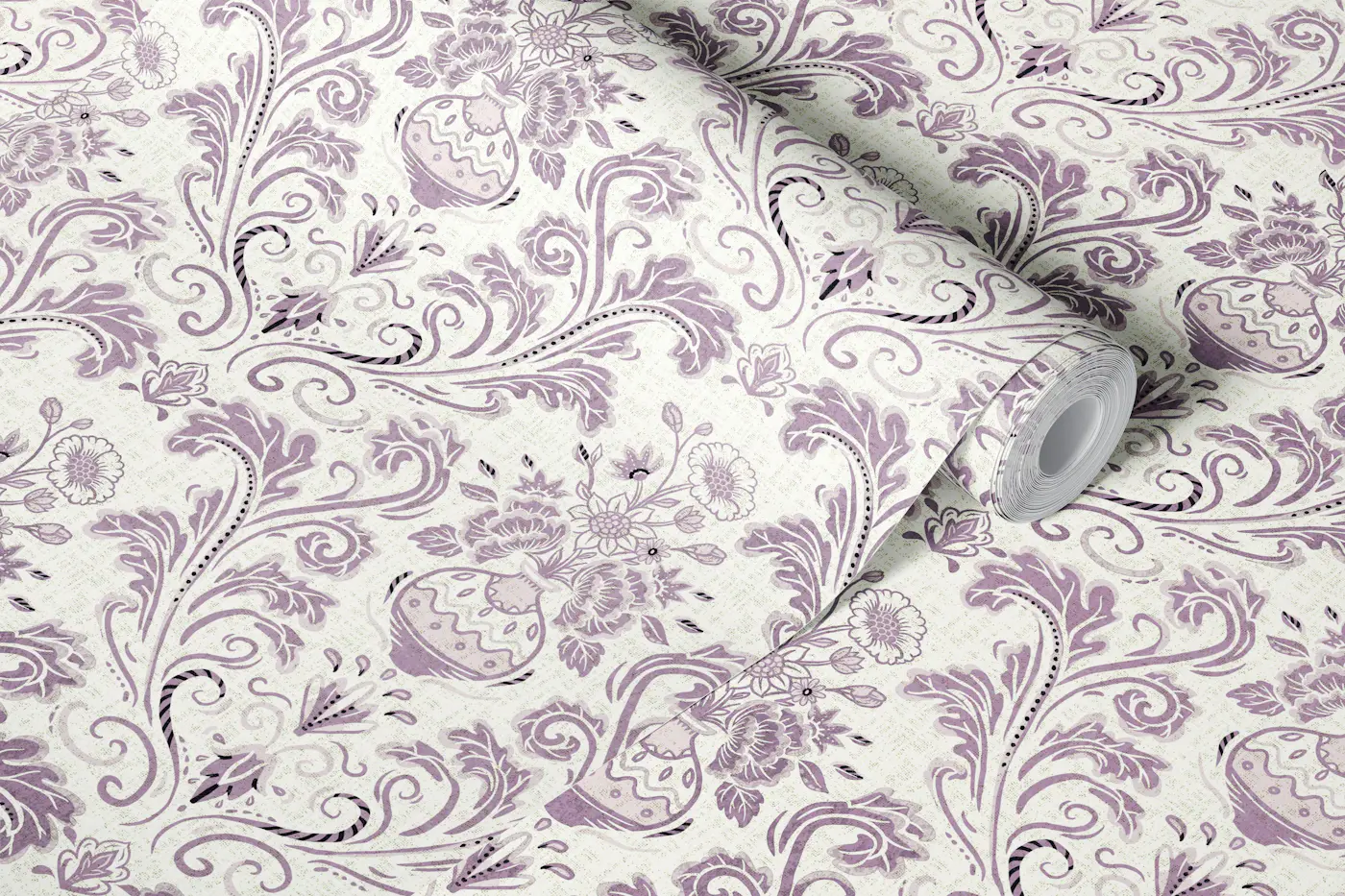 Lavender Damask Floral Vase wallpaper roll