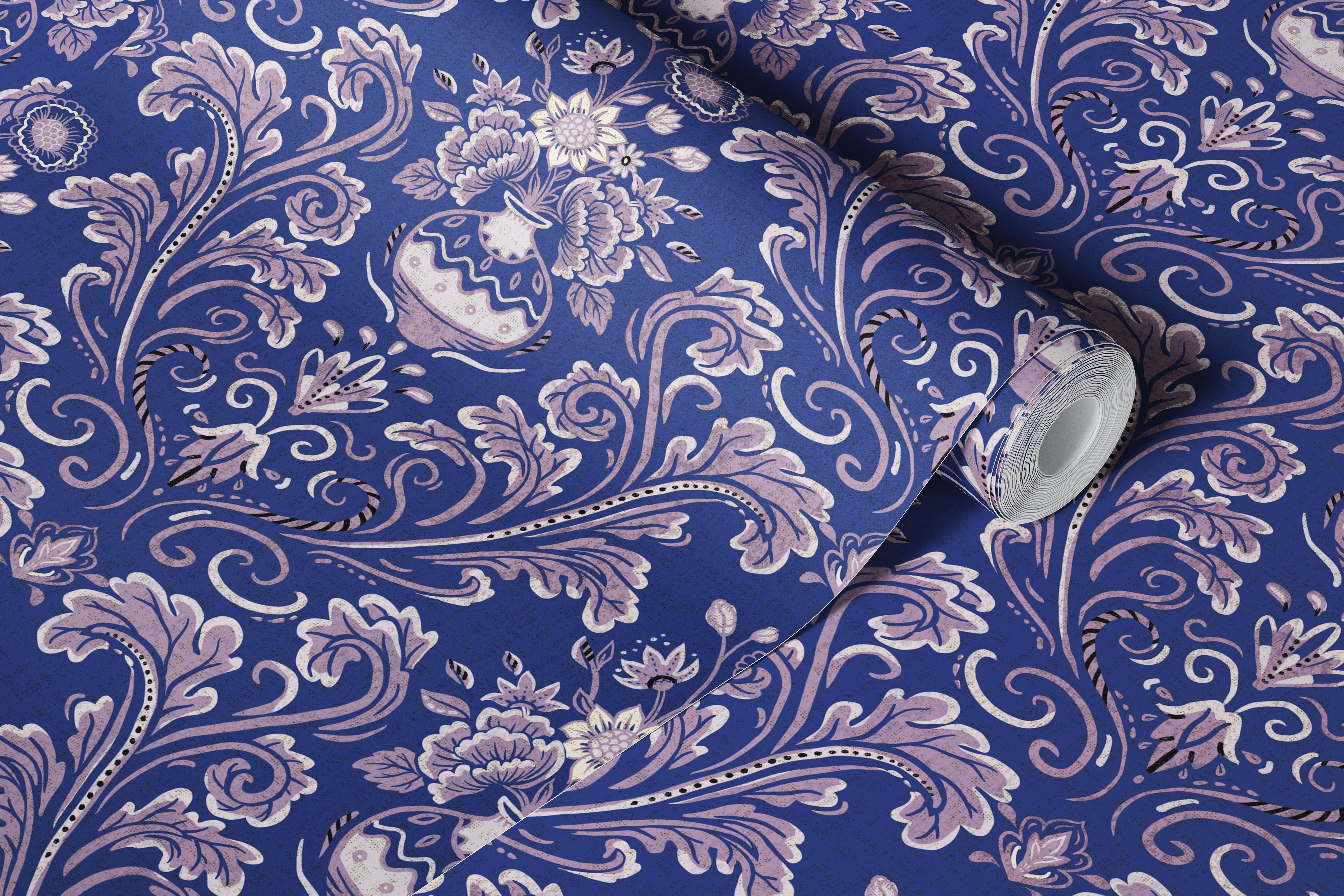 Antique Indigo Garden Damask wallpaper displayed in a room