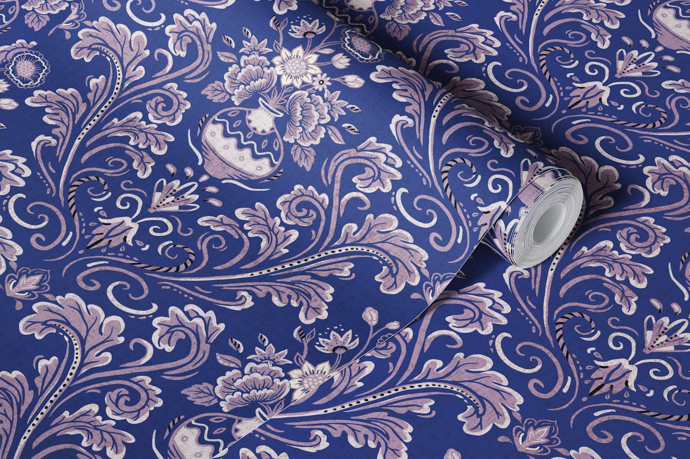 Antique Indigo Garden Damask wallpaper roll