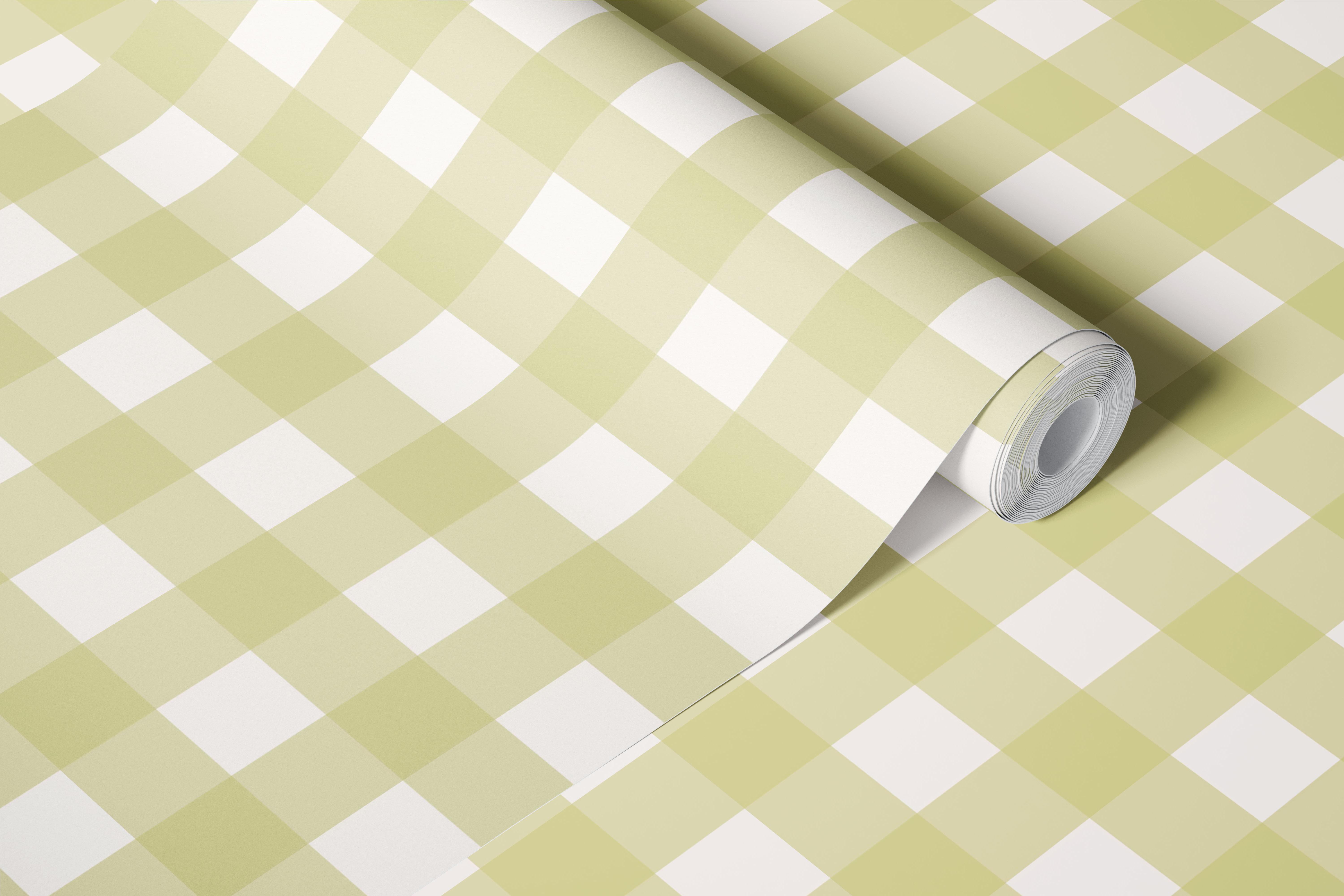 Pale lime and ivory gingham wallpaper displayed