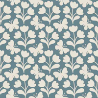Flowers and butterflies block print blue bg wallpaper