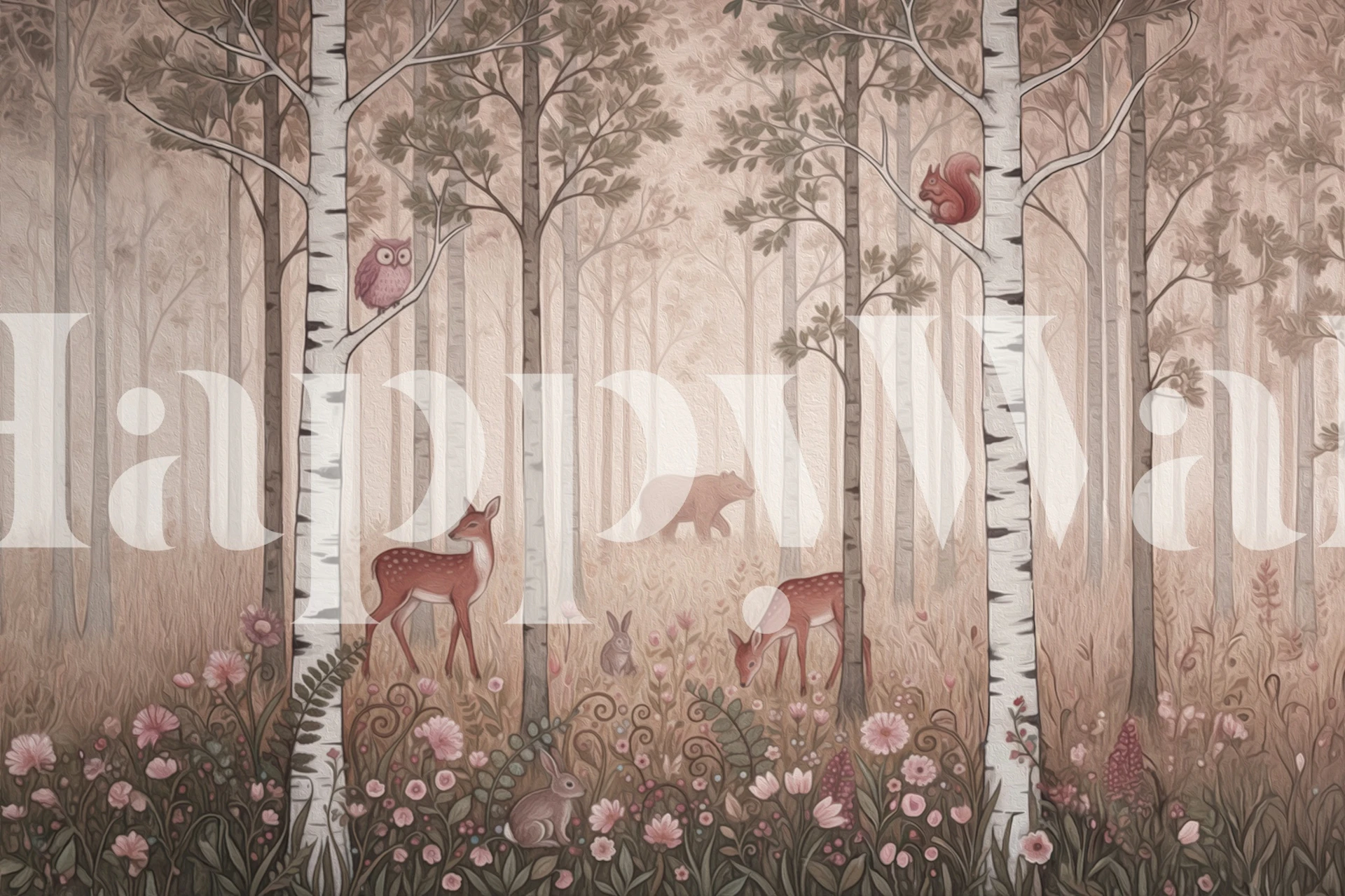 Forest animals and wildflowers wallpaper in a room