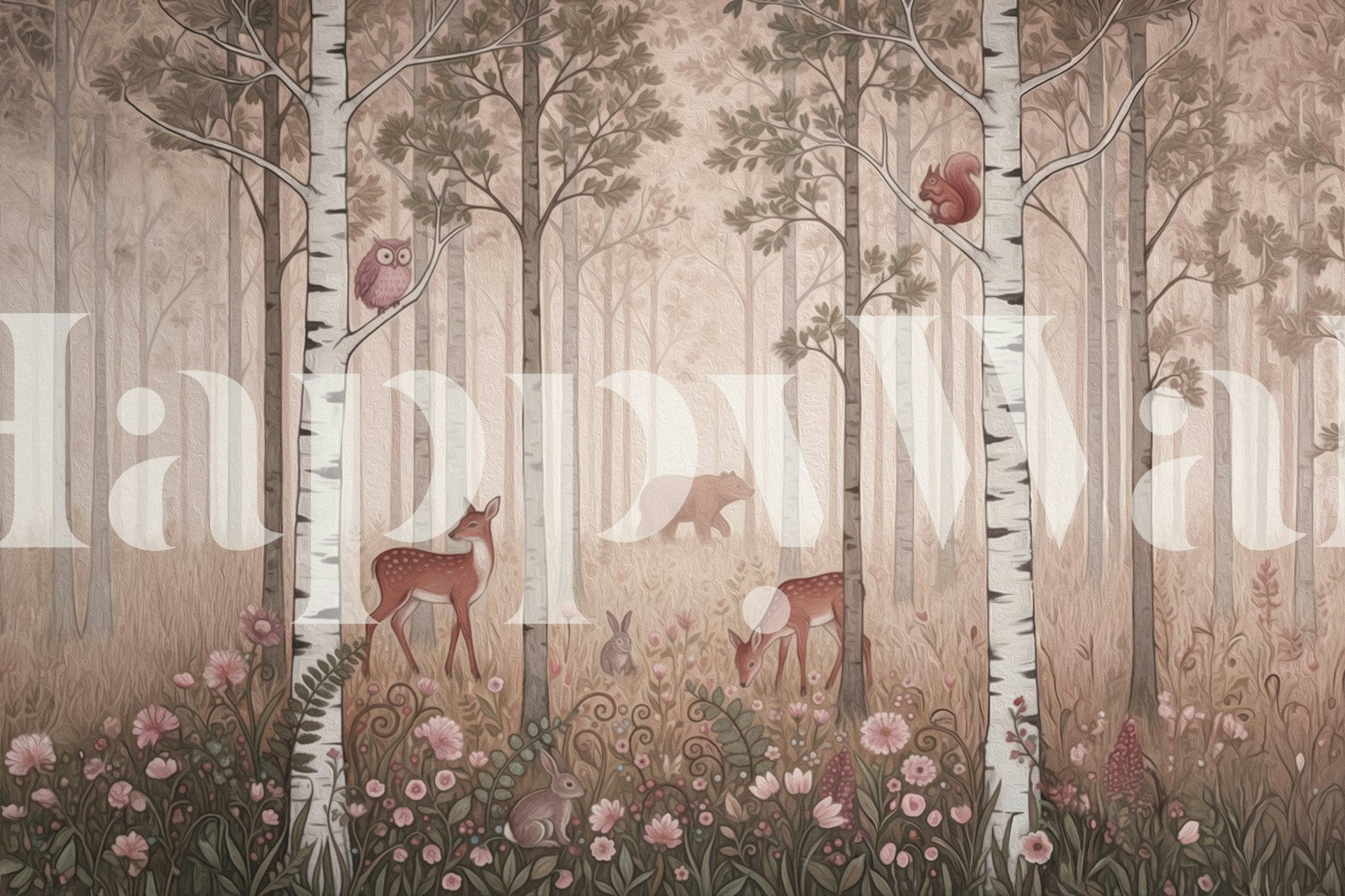 Forest animals and wildflowers wallpaper in a room