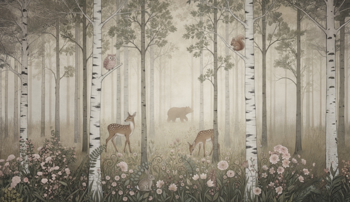Forest Animals and Wildflowers – Misty day