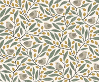 birds on olive branches - mustard wallpaper