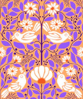 Folk Art Birds With Purple And Orange Florals tapetas