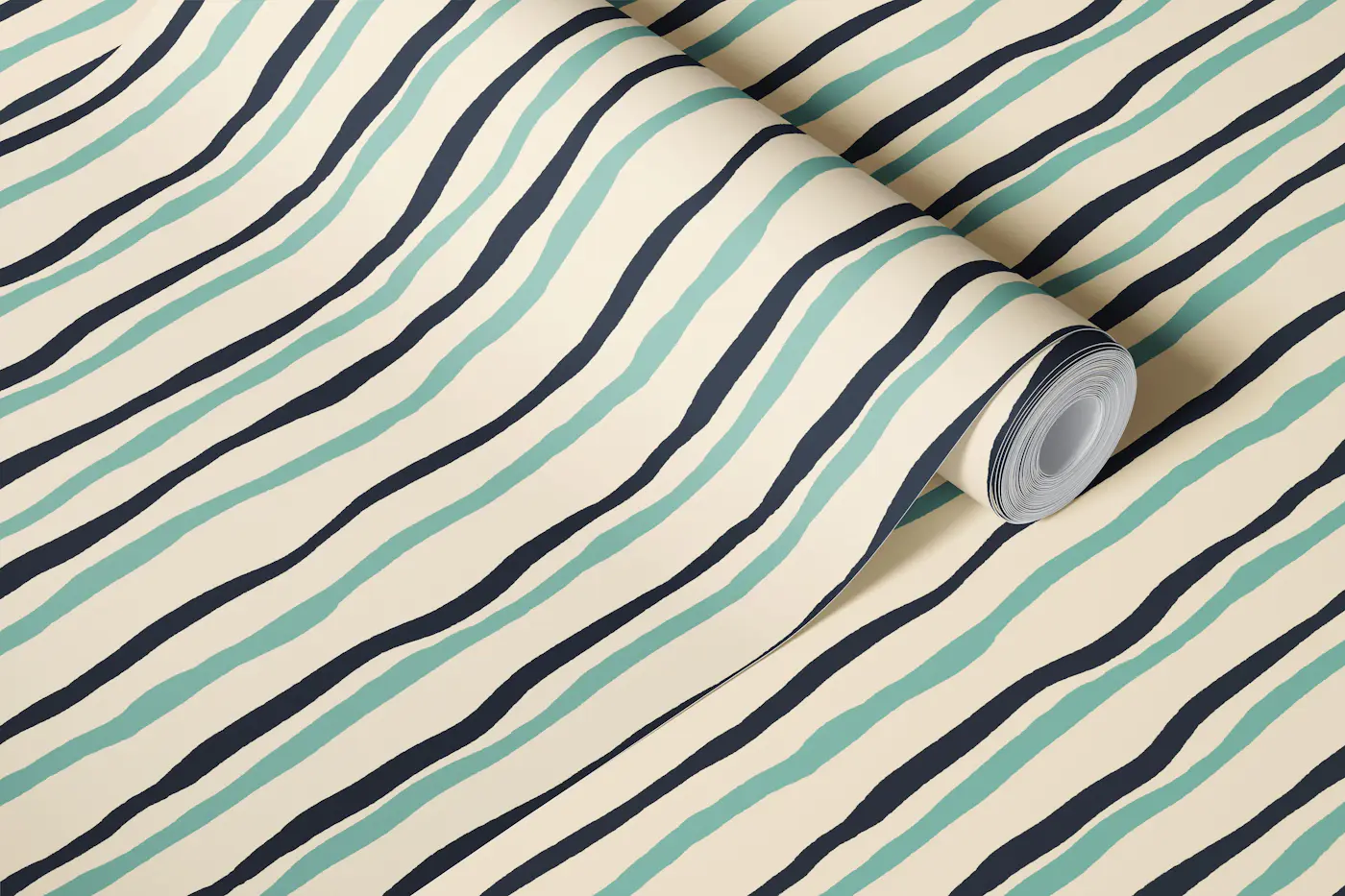 Wavy Vertical Stripes Teal Navy wallpaper roll