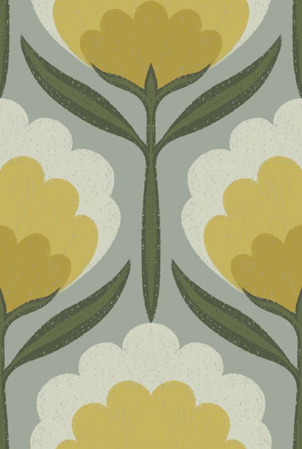 Retro Geometric Flowers Yellow Gray Green