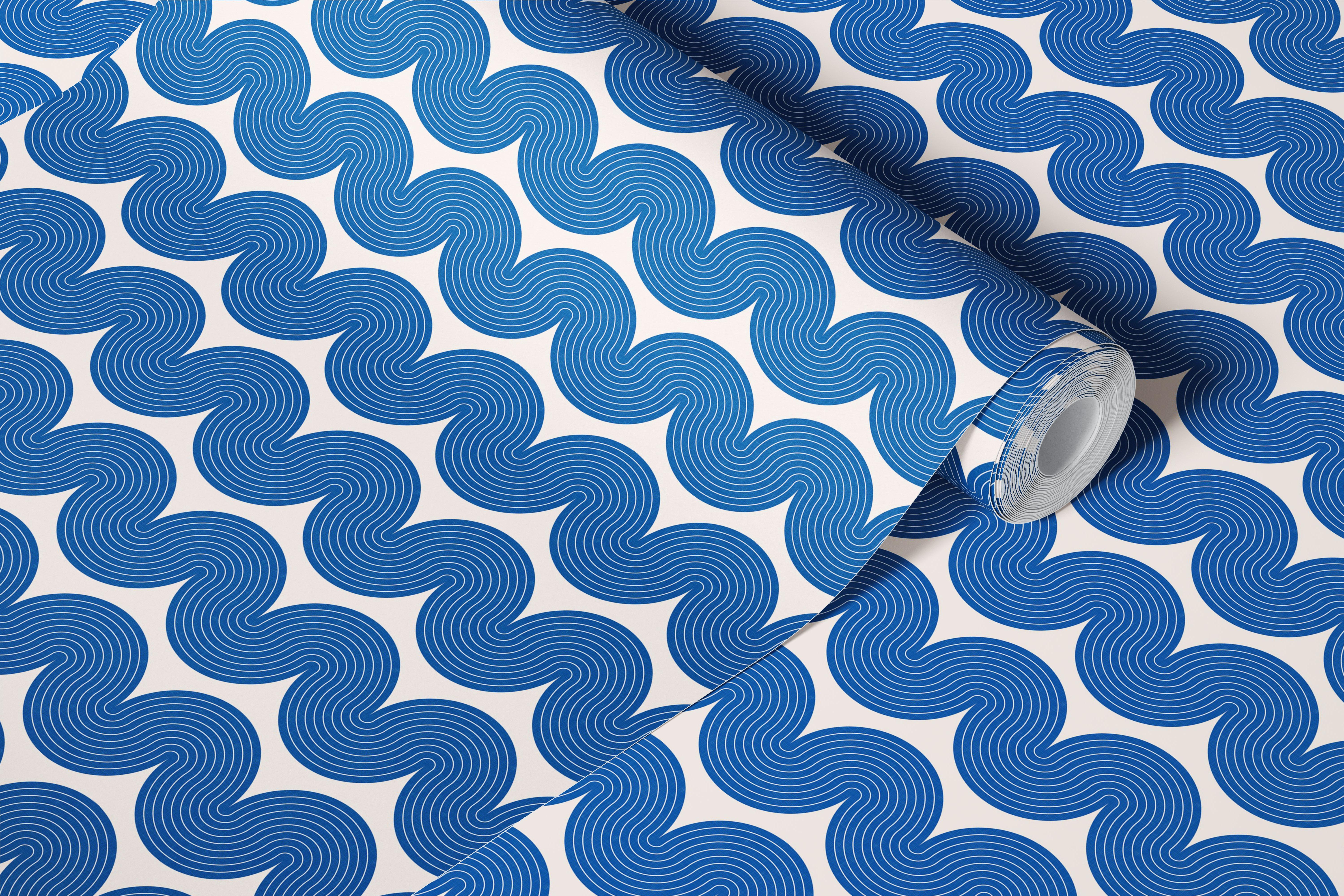 Geometric Waves Blue and Ivory wallpaper in a room