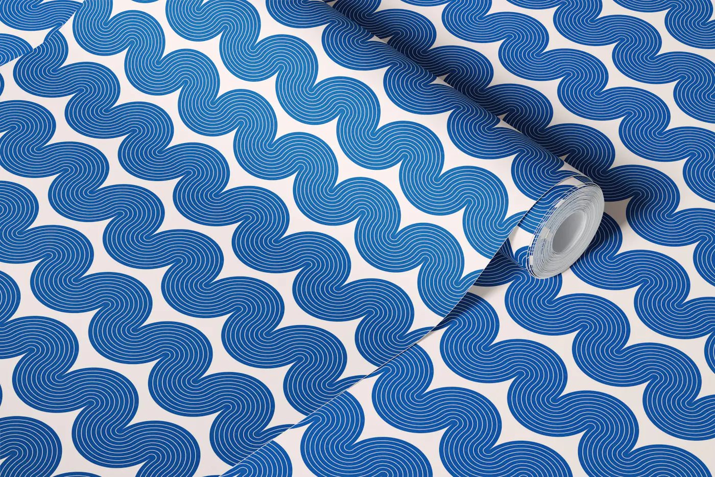 Geometric Waves Blue and Ivory WP wallpaper roll