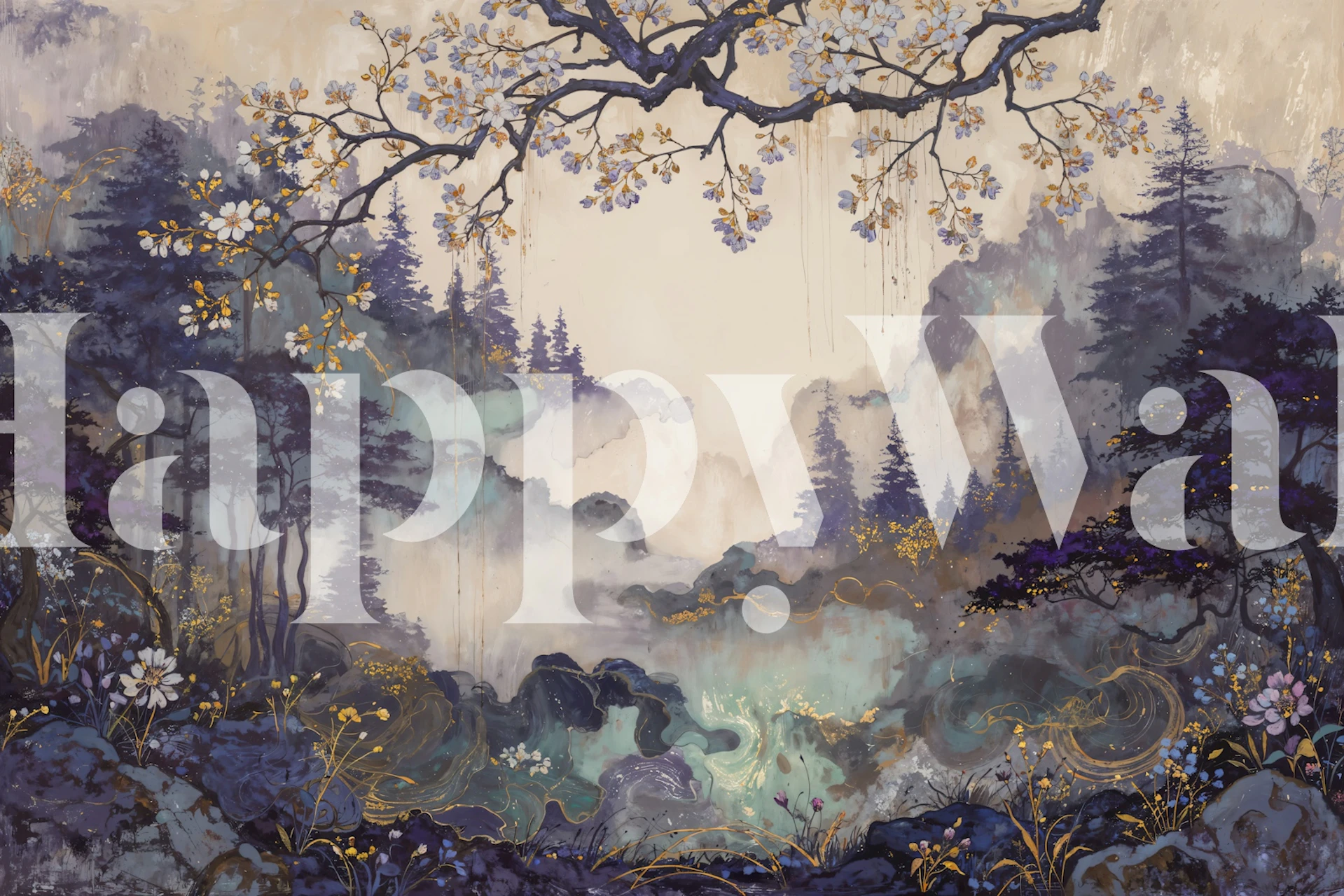 Misty Forest Blossom Canopy wallpaper in a room