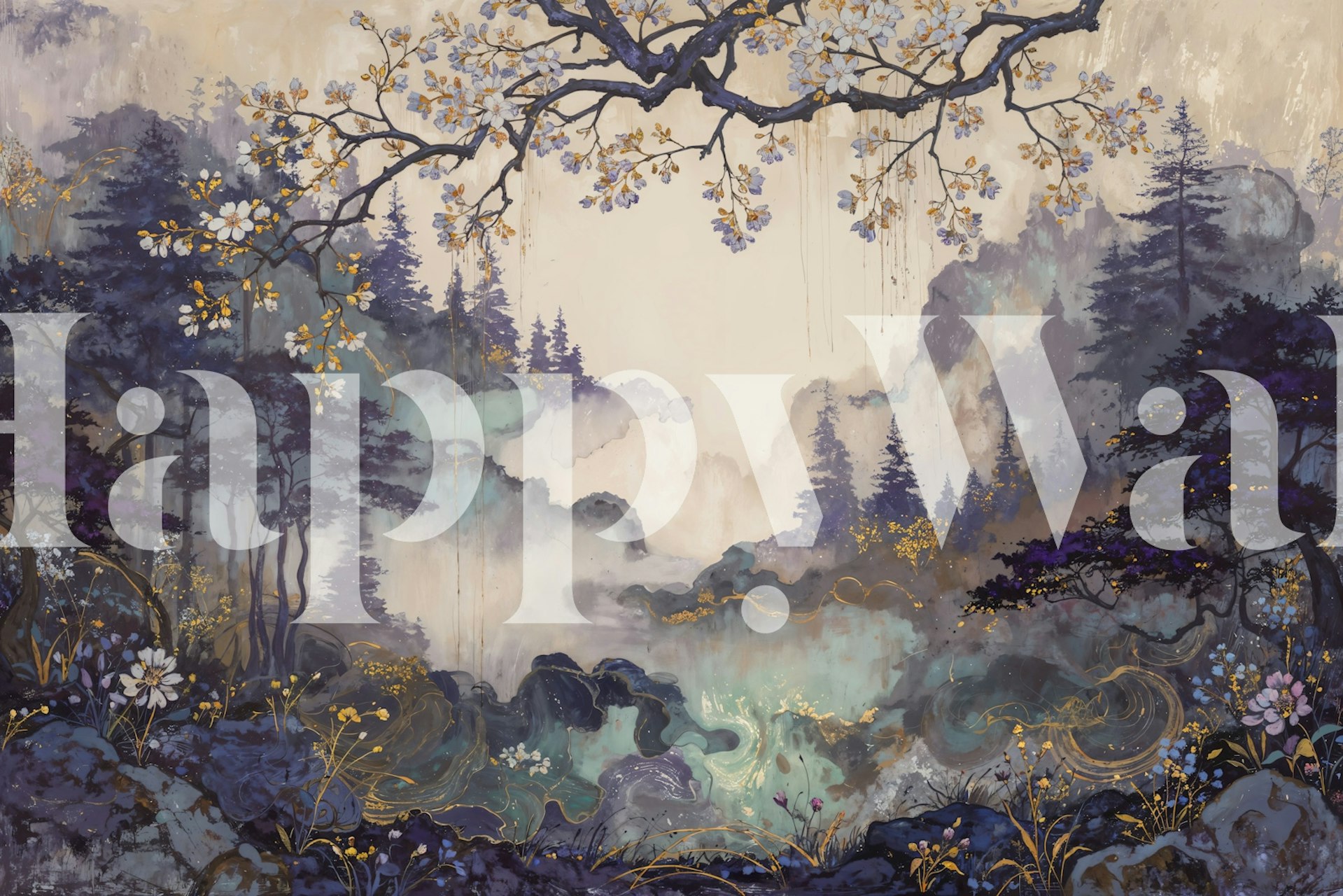 Misty Forest Blossom Canopy tapet i ett rum