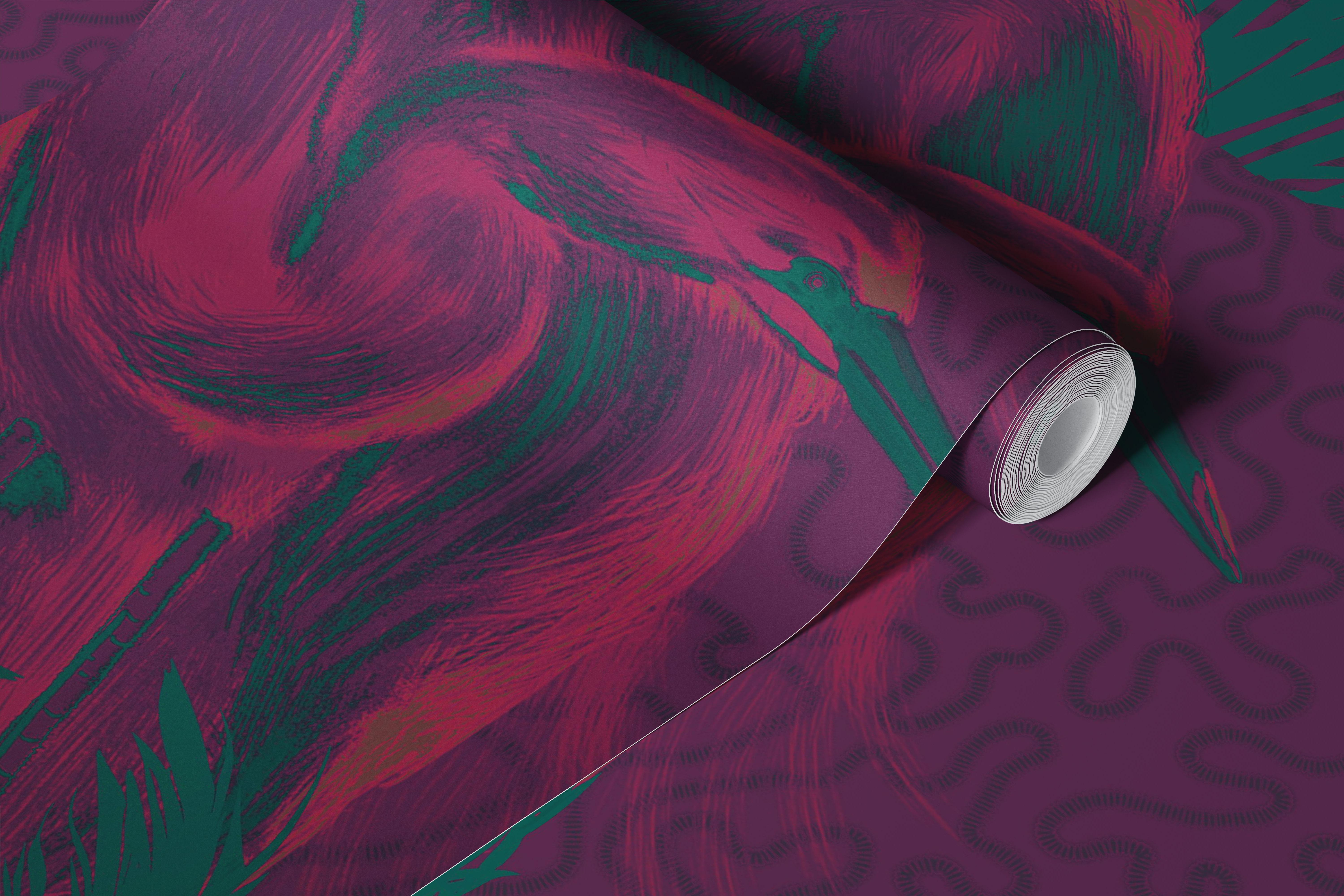 Lagoon Birds in Fuchsia wallpaper in a room