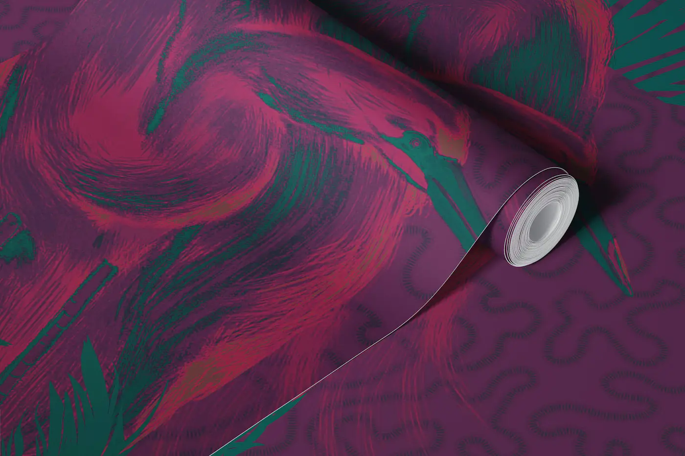 Lagoon Birds in Fuchsia wallpaper roll