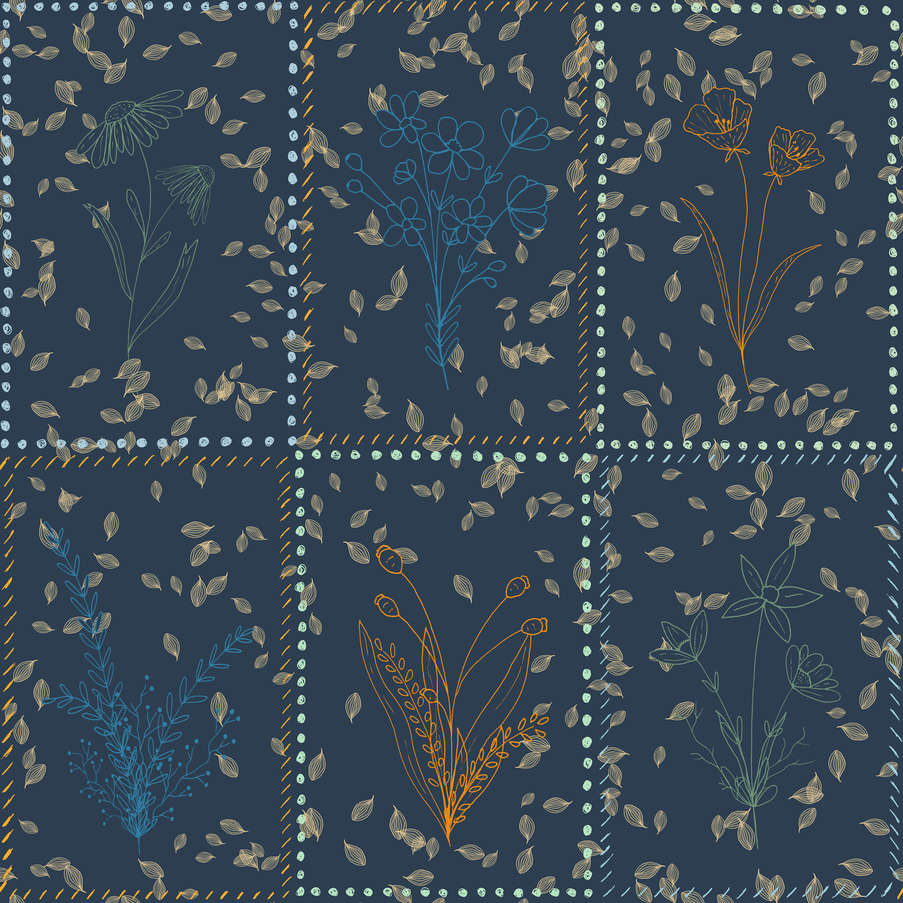 Mediterranean Botanical Tiles Navy Blue - Happywall