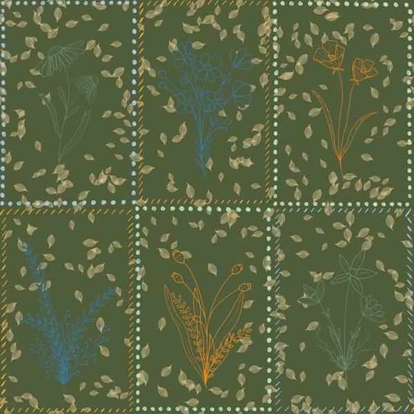 Mediterranean Botanical Tiles Olive Green