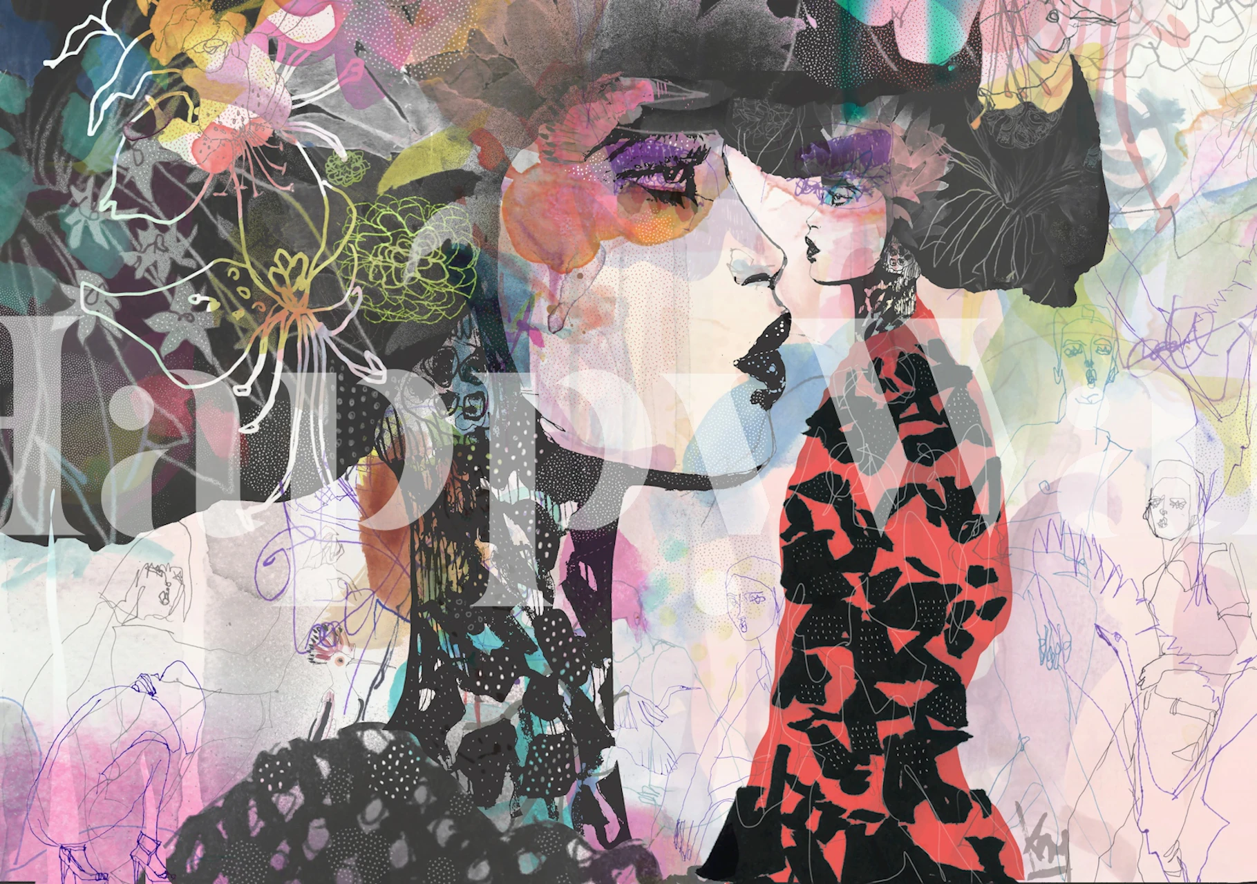 Artistic wallpaper design featuring a woman