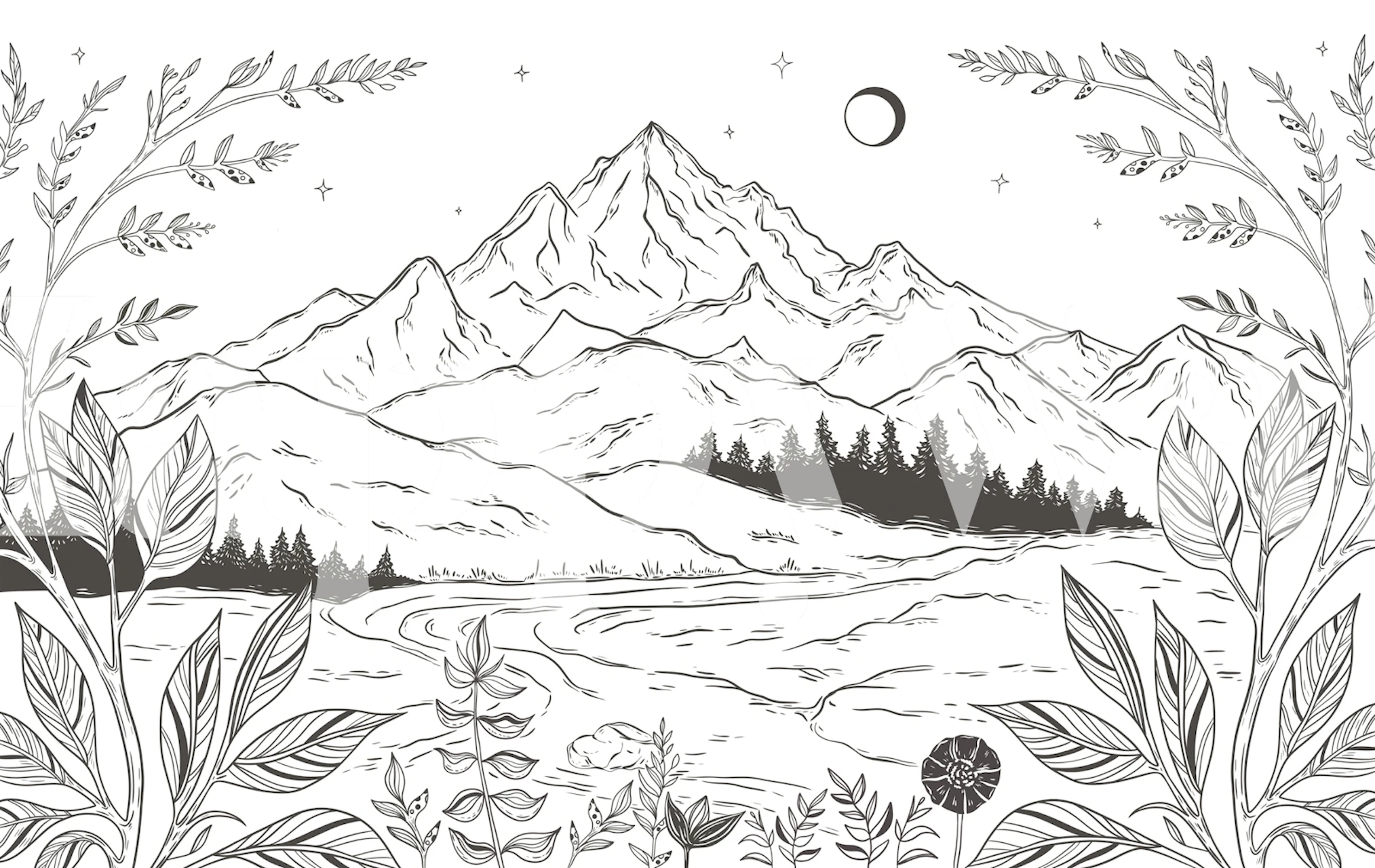 Mountain line art landscape tapeta v miestnosti