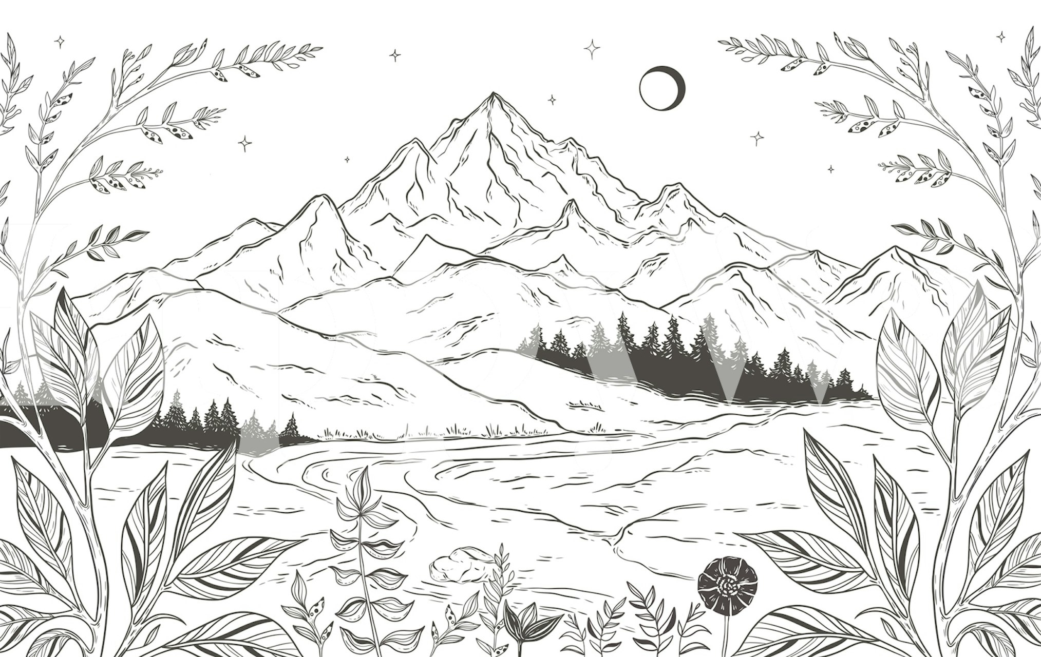 Mountain line art landscape behang in een kamer